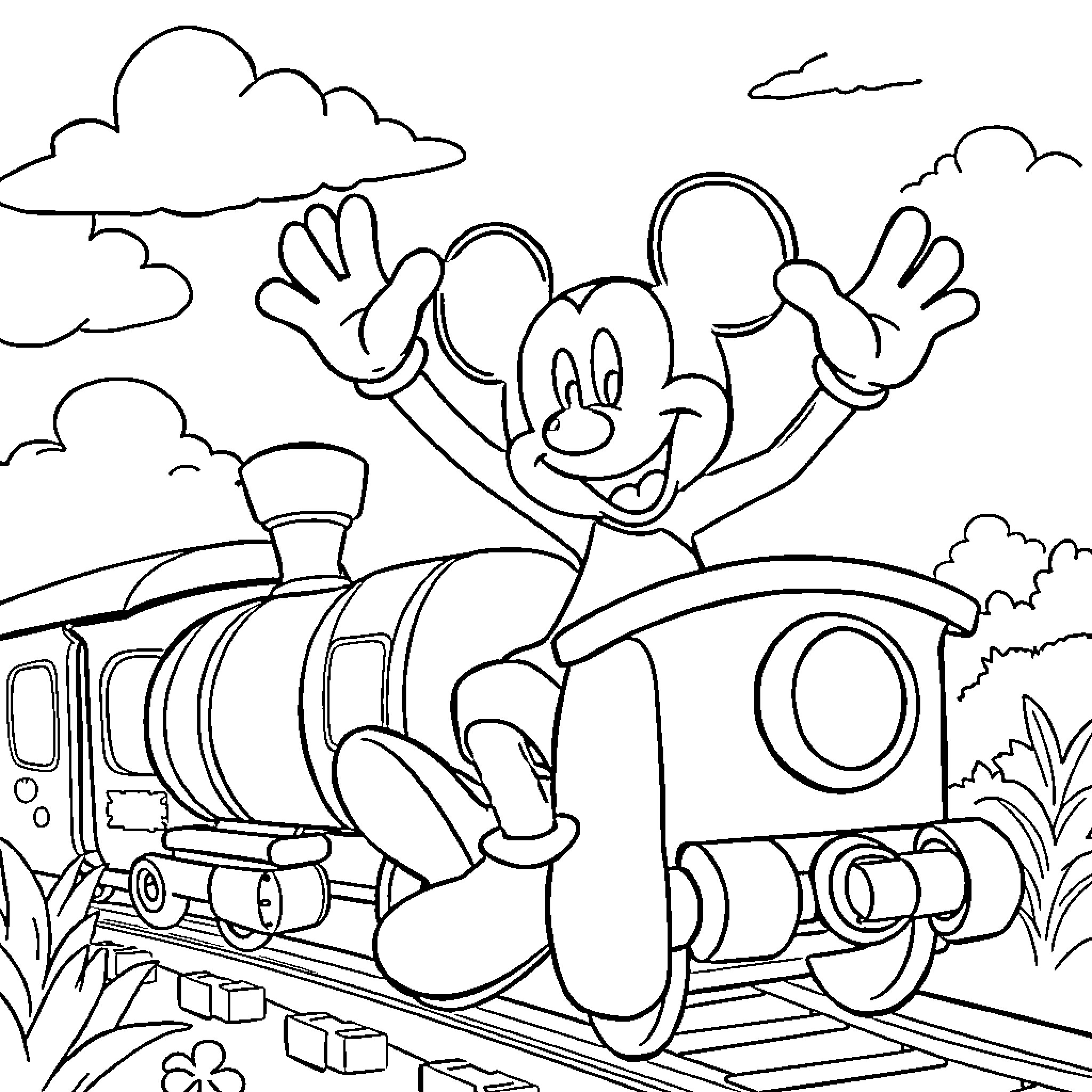 Mickey Mouse riding a train through a scenic landscape Coloring Page (free black-and-white line drawing printable PDF for all, from beginners to advanced learners, including children, teens, adults, and seniors)