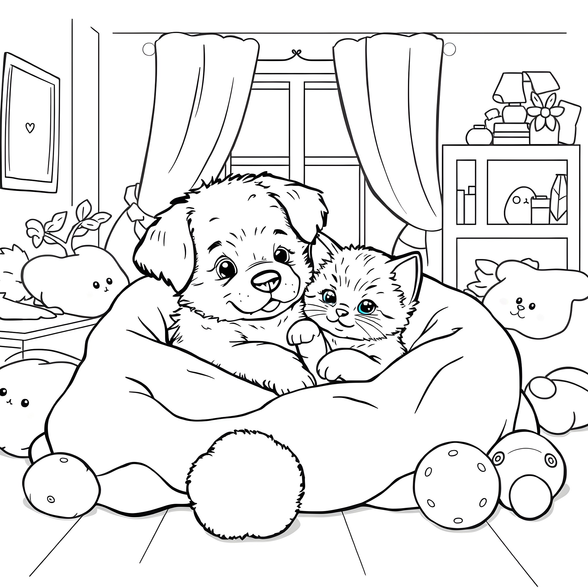 Puppy and Kitten Cuddling in a Cozy Room Coloring Page (free black-and-white line drawing printable PDF for all, from beginners to advanced learners, including children, teens, adults, and seniors)