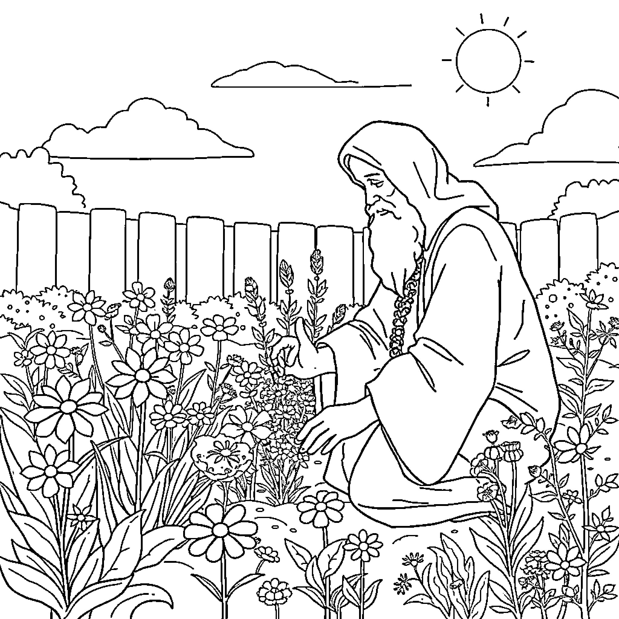 Rumi in a Serene Garden Surrounded by Flowers Coloring Page (free black-and-white line drawing printable PDF for all, from beginners to advanced learners, including children, teens, adults, and seniors)