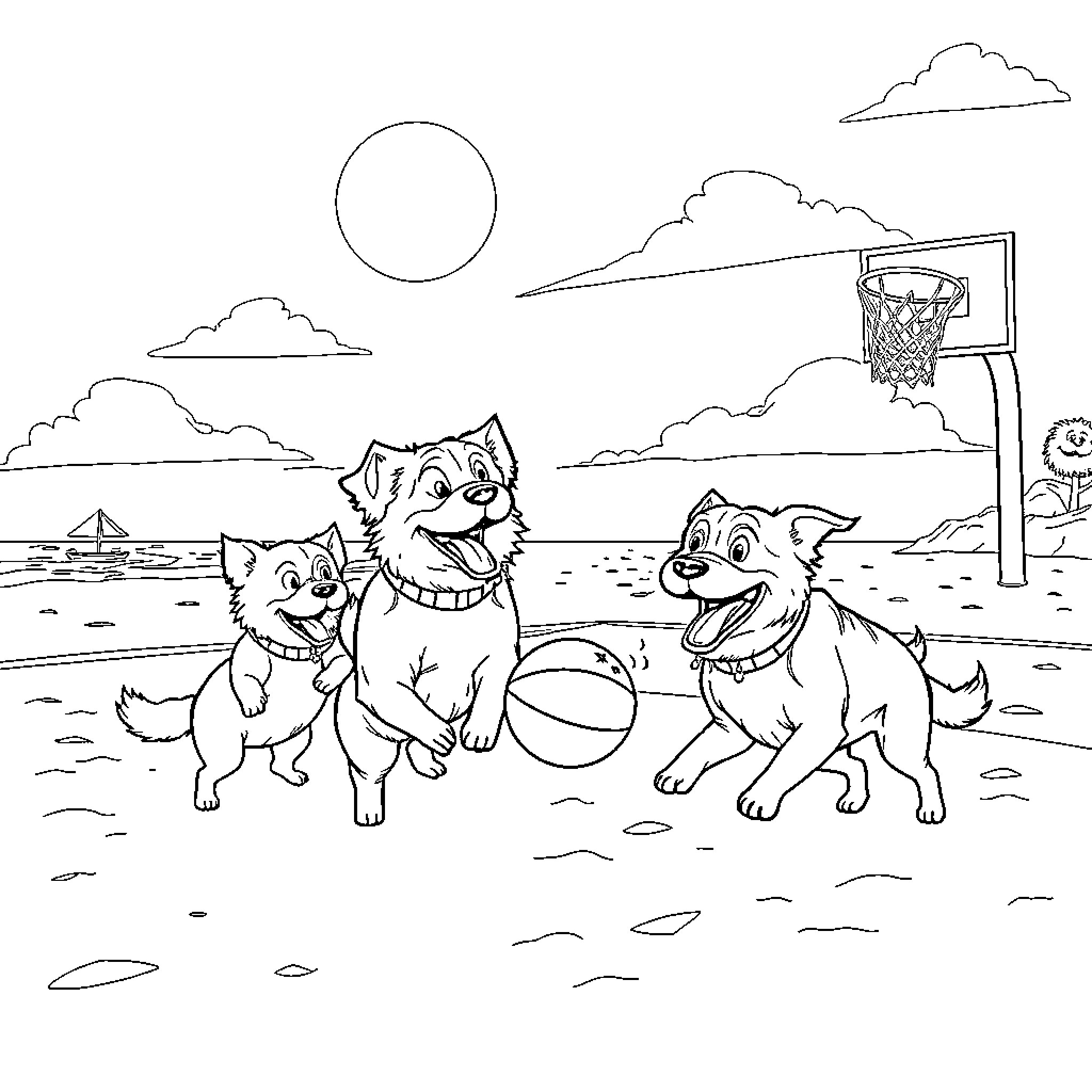 Dogs playing with a ball on the beach Coloring Page (free black-and-white line drawing printable PDF for all, from beginners to advanced learners, including children, teens, adults, and seniors)