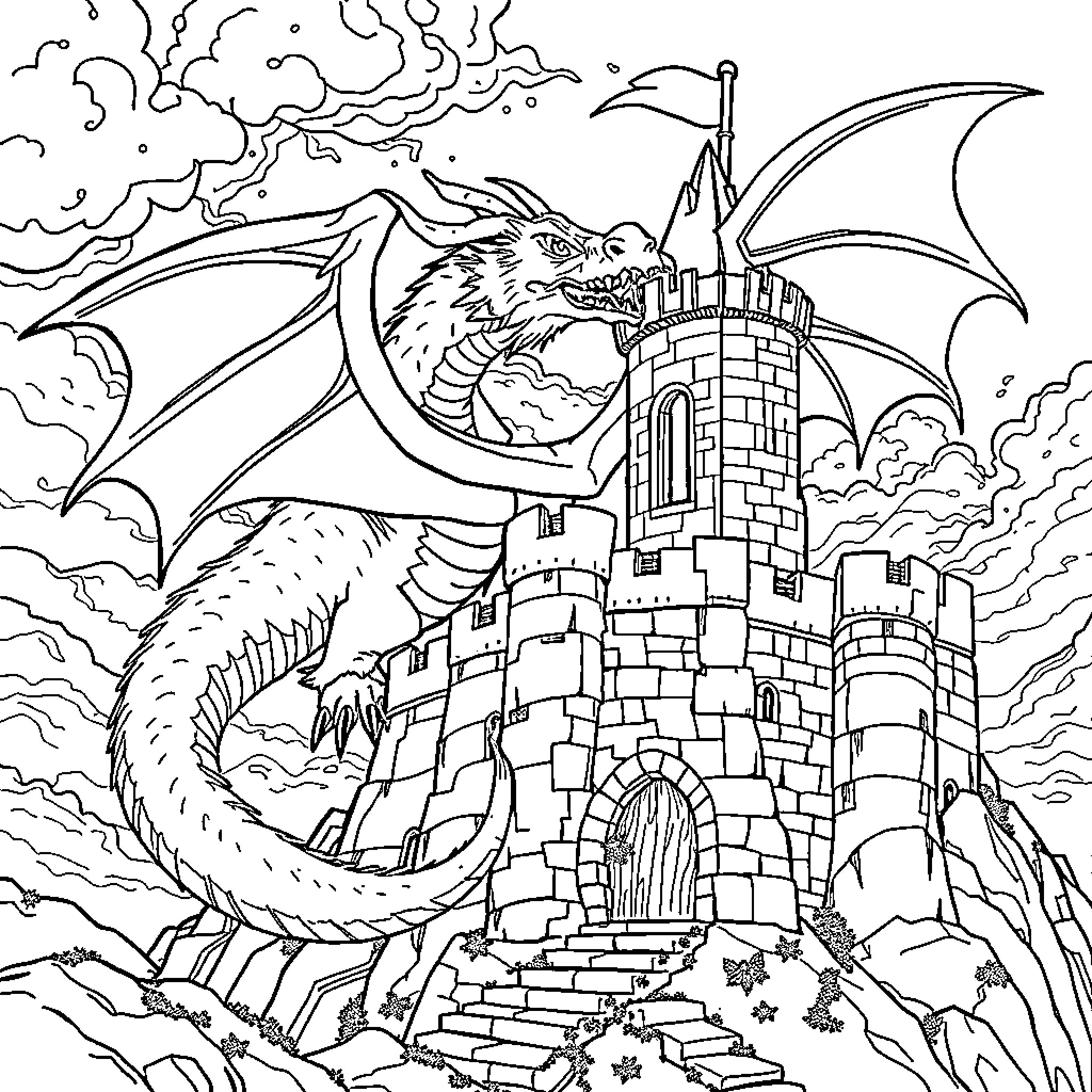 Dragon guarding a majestic castle in the sky Coloring Page (free black-and-white line drawing printable PDF for all, from beginners to advanced learners, including children, teens, adults, and seniors)