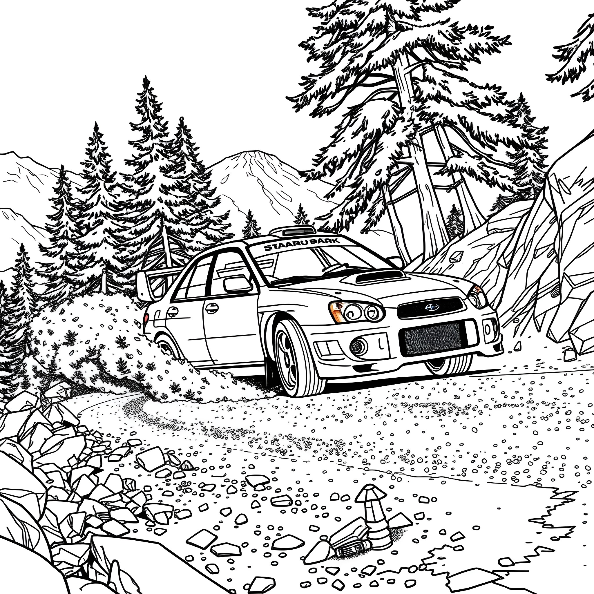 Subaru navigating through the snowy mountain landscape Coloring Page (free black-and-white line drawing printable PDF for all, from beginners to advanced learners, including children, teens, adults, and seniors)