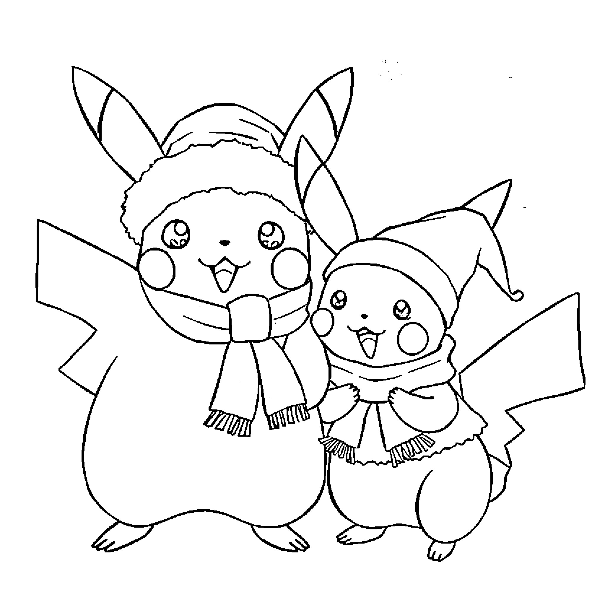 Pikachu wearing winter scarves and hats Coloring Page (free black-and-white line drawing printable PDF for all, from beginners to advanced learners, including children, teens, adults, and seniors)