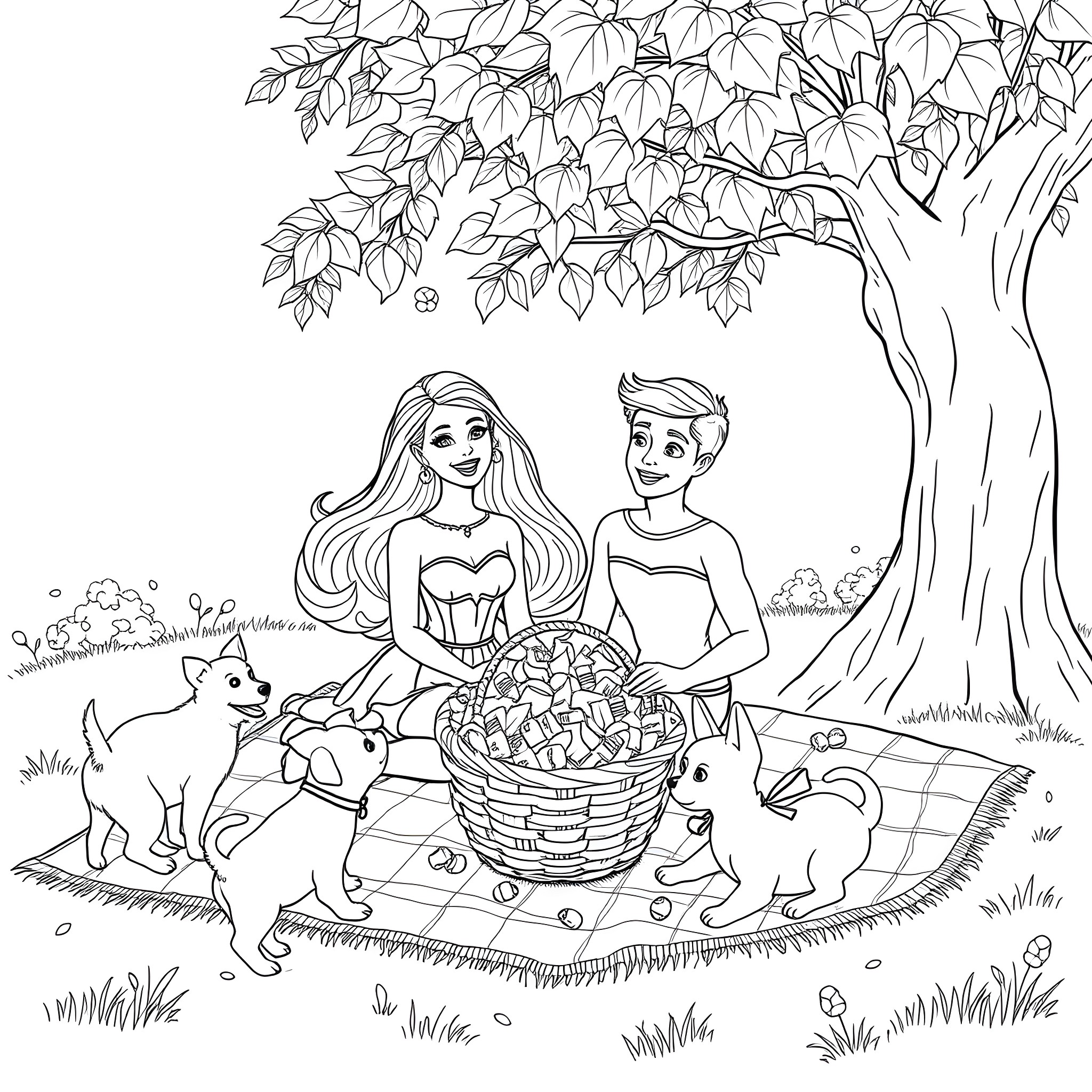 Barbie's Picnic with Friends in the Park Coloring Page (free black-and-white line drawing printable PDF for all, from beginners to advanced learners, including children, teens, adults, and seniors)