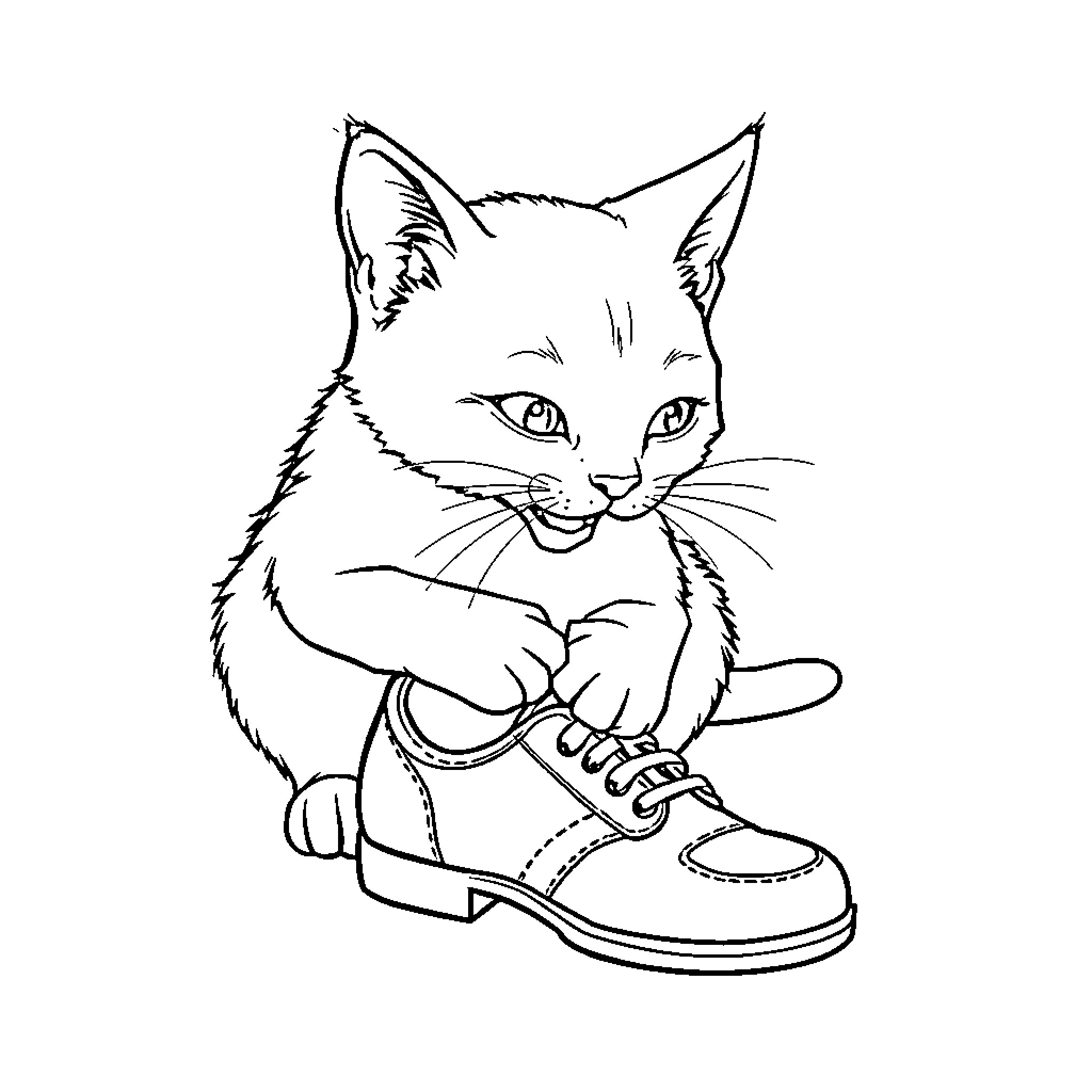 Cat playing with shoe Coloring Page (free black-and-white line drawing printable PDF for all, from beginners to advanced learners, including children, teens, adults, and seniors)