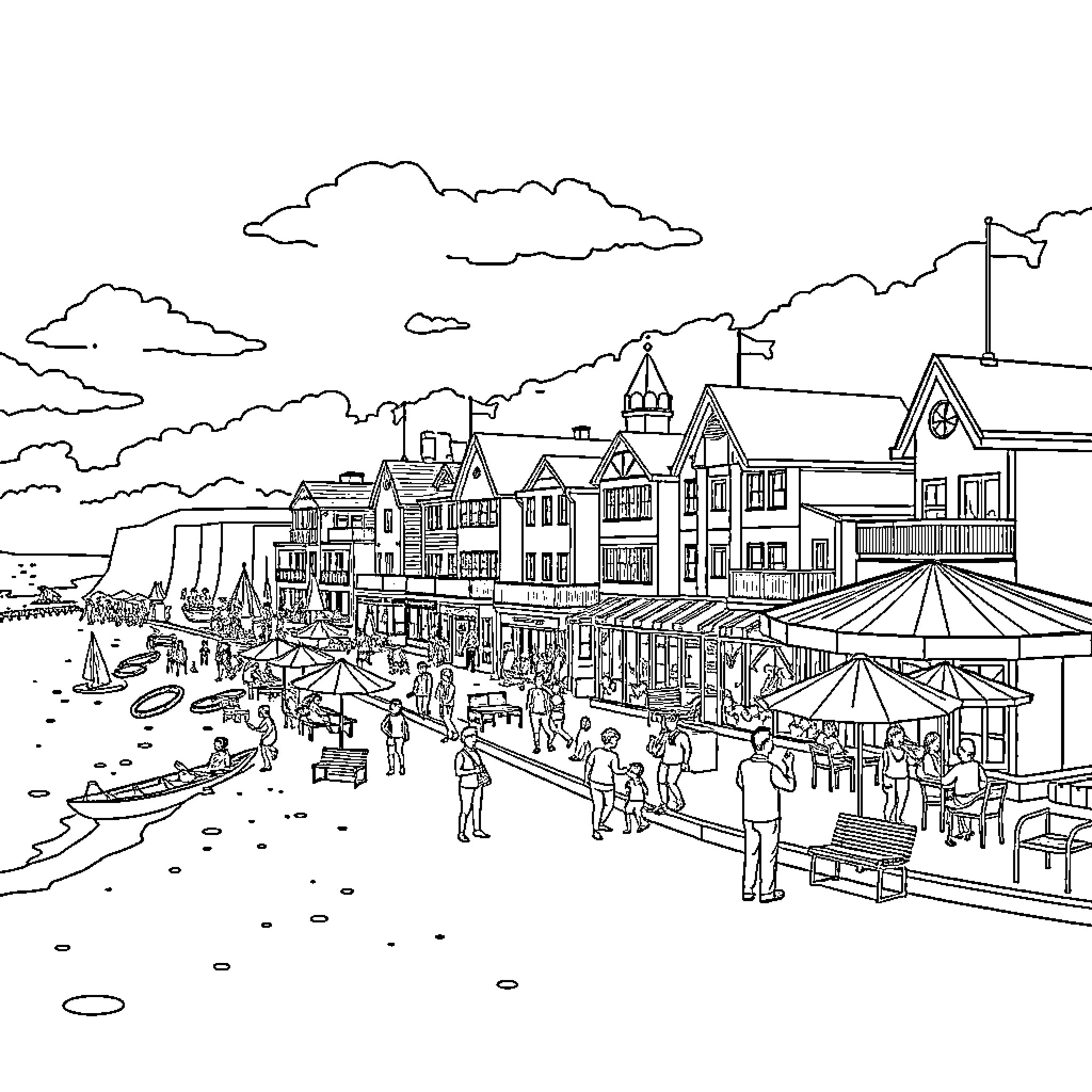 Butlins vacation town with bustling activities Coloring Page (free black-and-white line drawing printable PDF for all, from beginners to advanced learners, including children, teens, adults, and seniors)