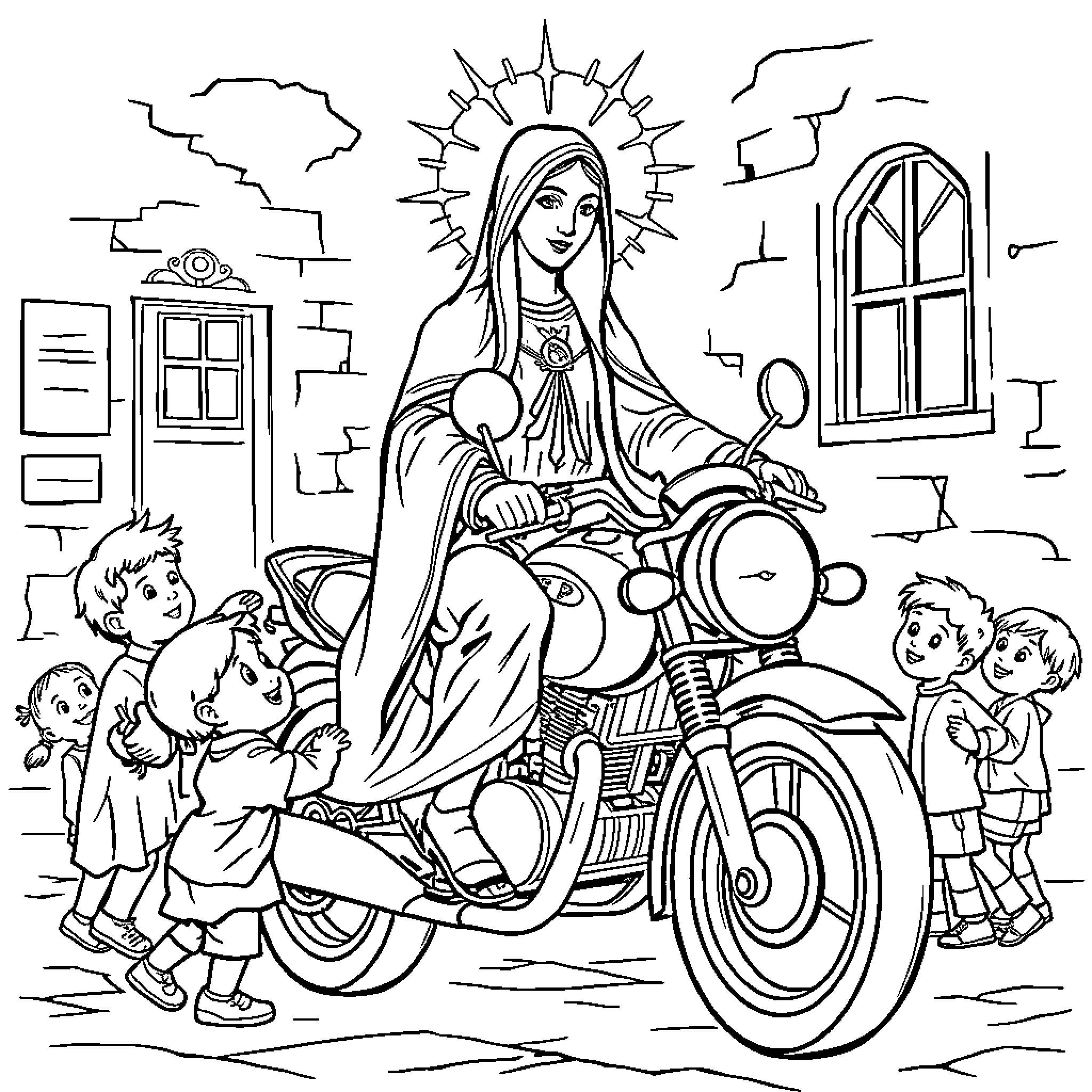 Virgen María riding a motorcycle with children Coloring Page (free black-and-white line drawing printable PDF for all, from beginners to advanced learners, including children, teens, adults, and seniors)