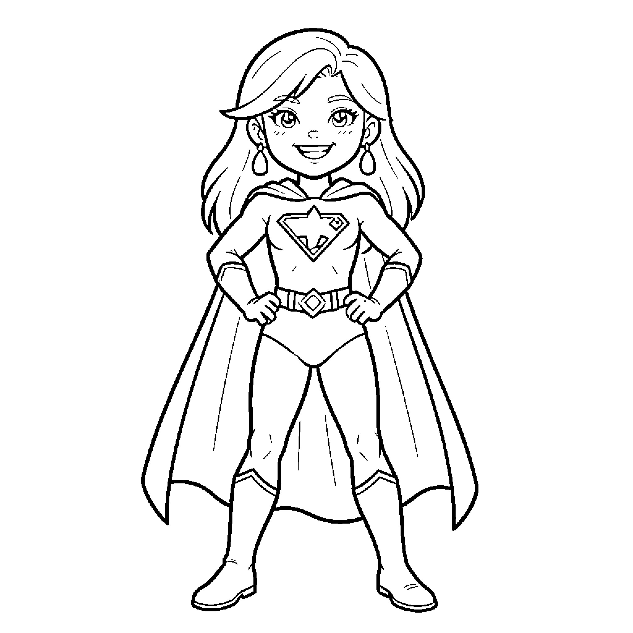 Phoebe the Brave Superhero Girl in Action Coloring Page (free black-and-white line drawing printable PDF for all, from beginners to advanced learners, including children, teens, adults, and seniors)