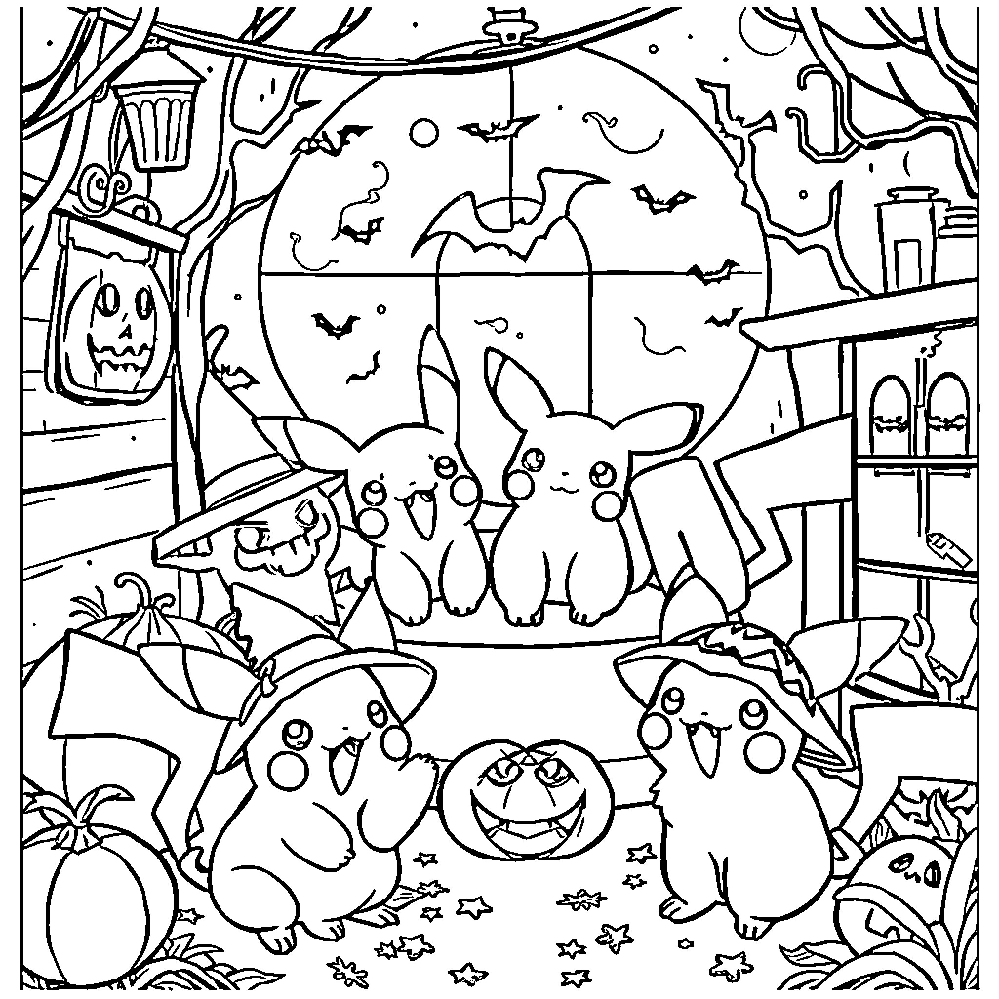 Pokémon Halloween Party with Spooky Decorations Coloring Page (free black-and-white line drawing printable PDF for all, from beginners to advanced learners, including children, teens, adults, and seniors)