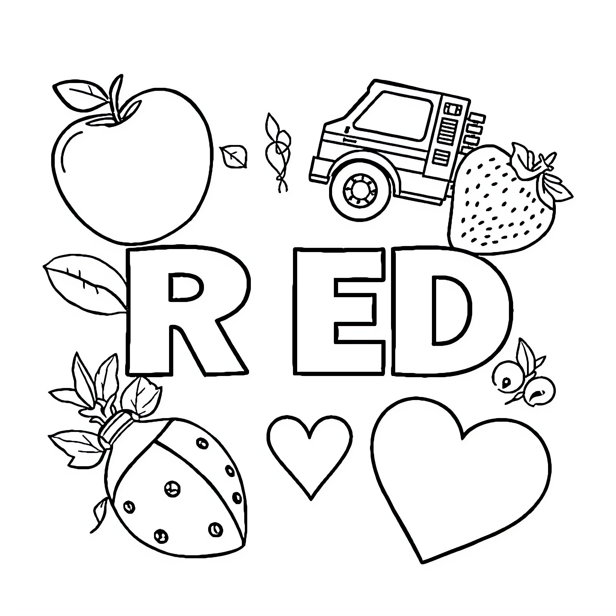 Red Fruits, Leaves, and Truck in Coloring Page Coloring Page (free black-and-white line drawing printable PDF for all, from beginners to advanced learners, including children, teens, adults, and seniors)
