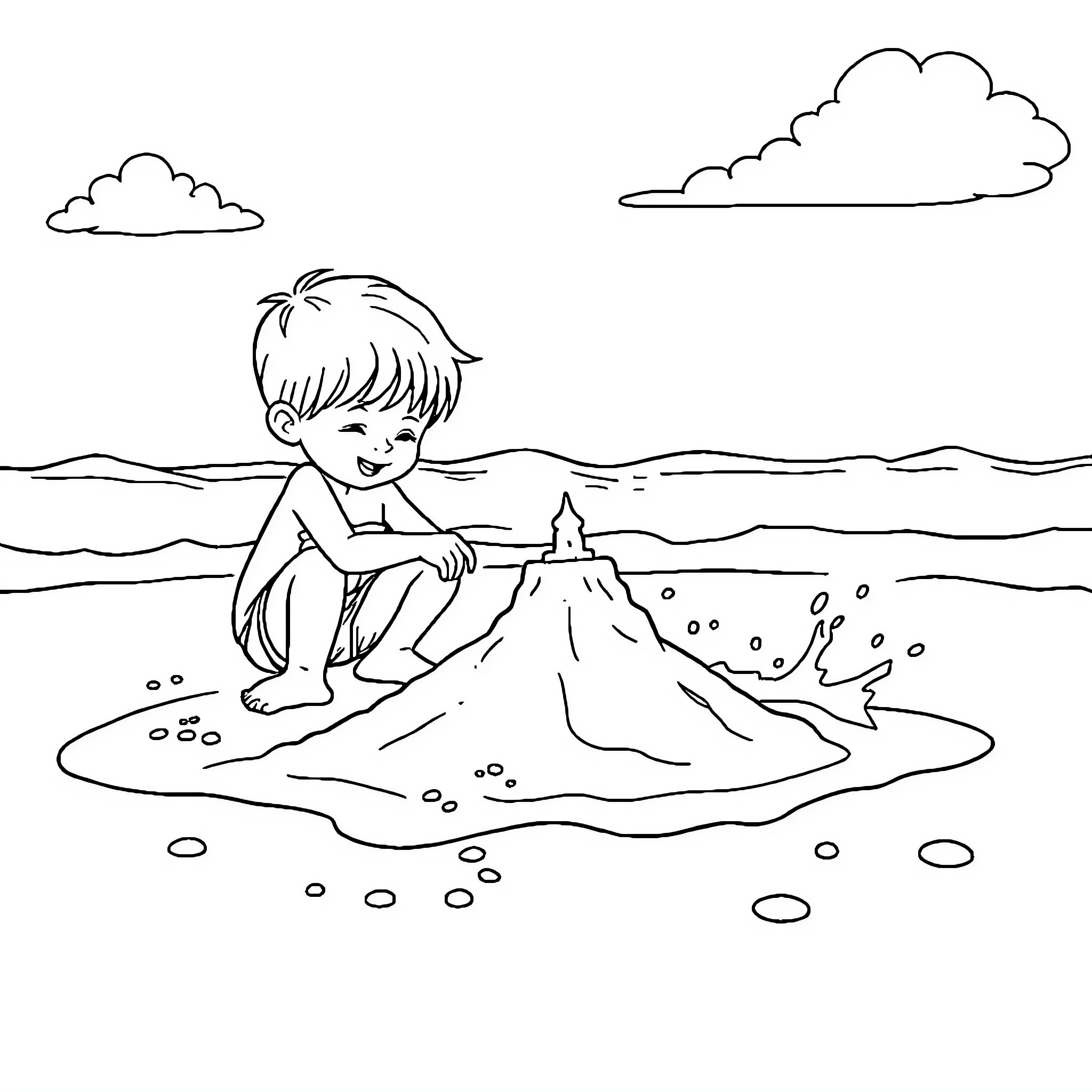 Kid building sand castle at the beach Coloring Page (free black-and-white line drawing printable PDF for all, from beginners to advanced learners, including children, teens, adults, and seniors)