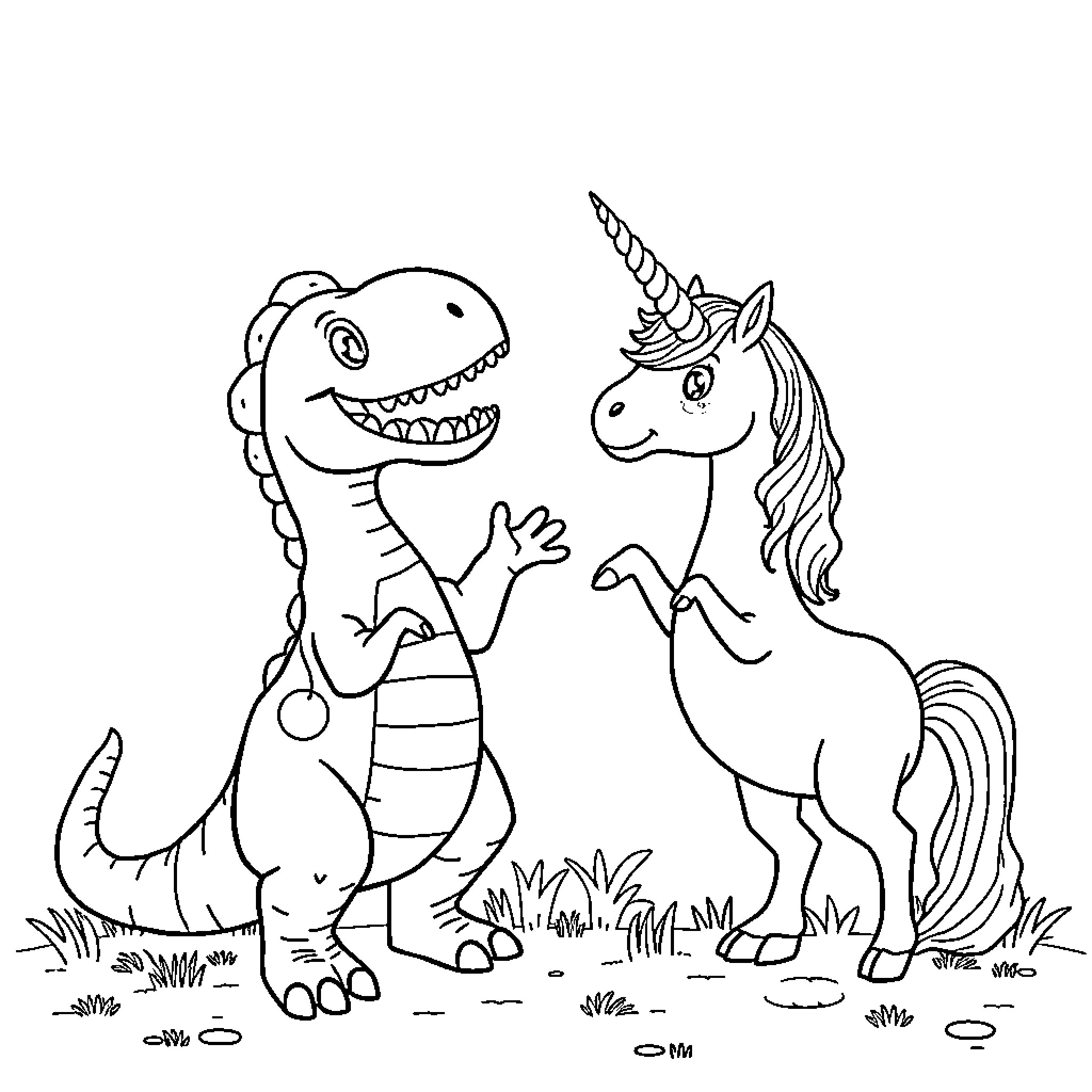 Dinosaur and Unicorn Friends in the Field Coloring Page (free black-and-white line drawing printable PDF for all, from beginners to advanced learners, including children, teens, adults, and seniors)