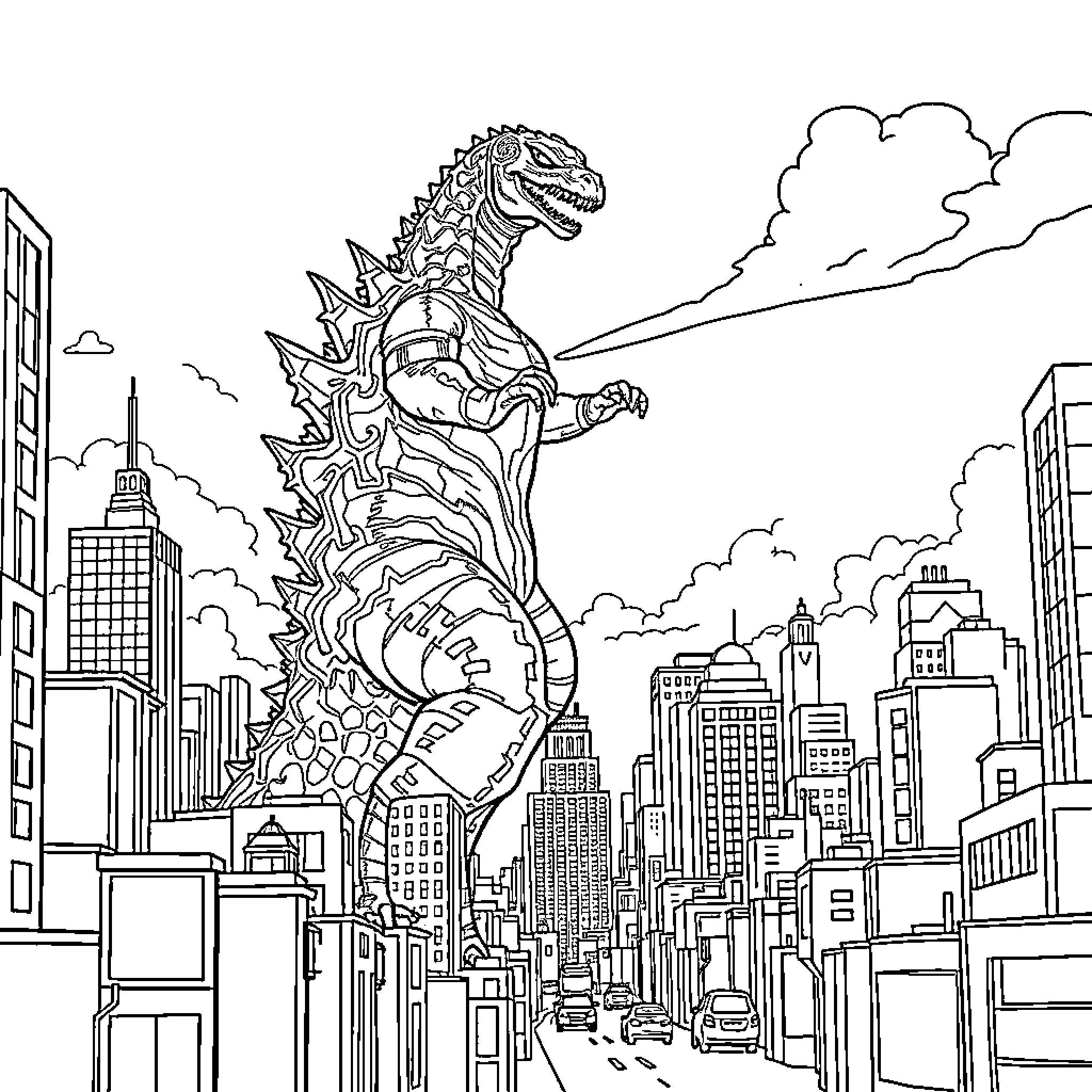 Godzilla Rampages Through Cityscape Coloring Page (free black-and-white line drawing printable PDF for all, from beginners to advanced learners, including children, teens, adults, and seniors)