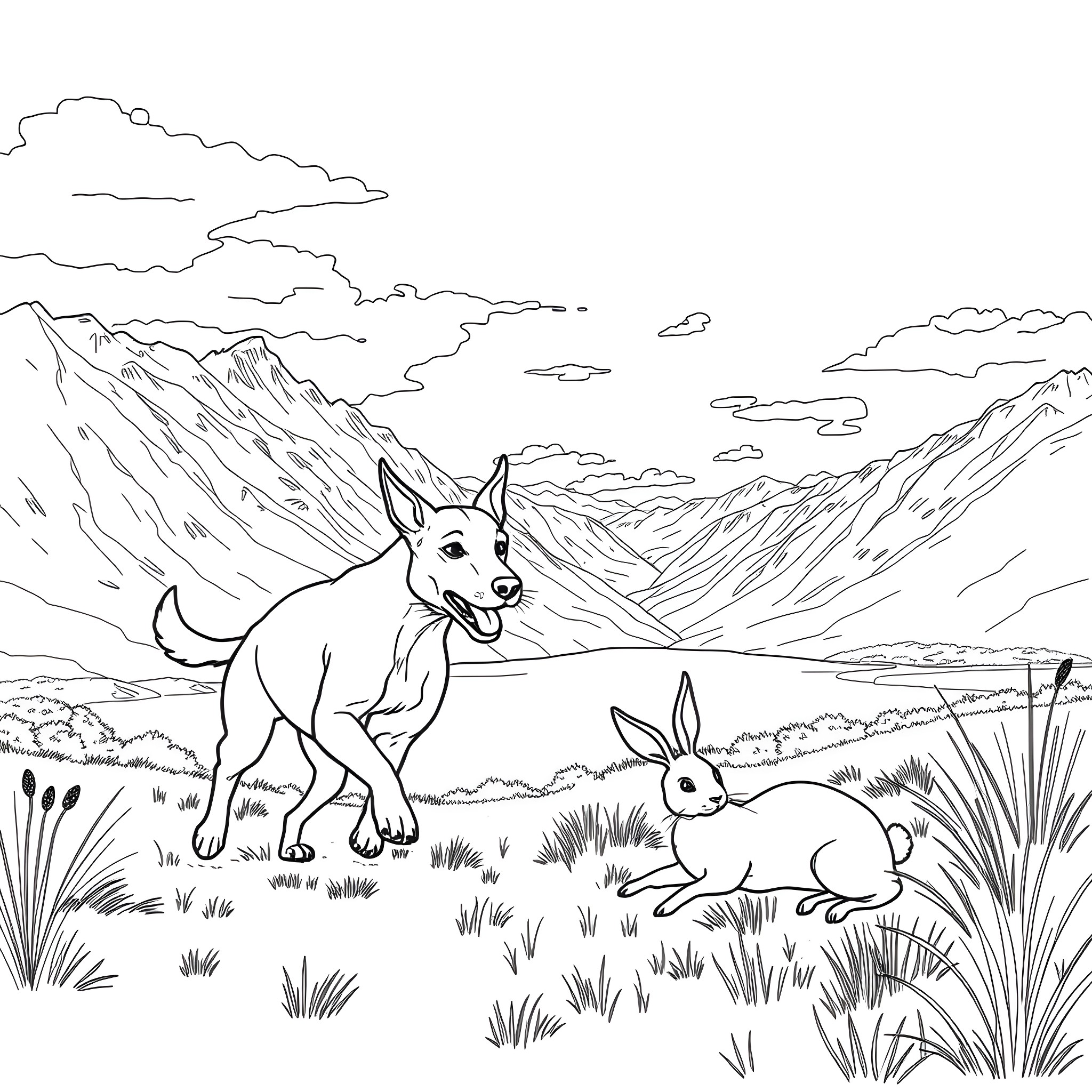Whippet romping in the mountainous countryside Coloring Page (free black-and-white line drawing printable PDF for all, from beginners to advanced learners, including children, teens, adults, and seniors)