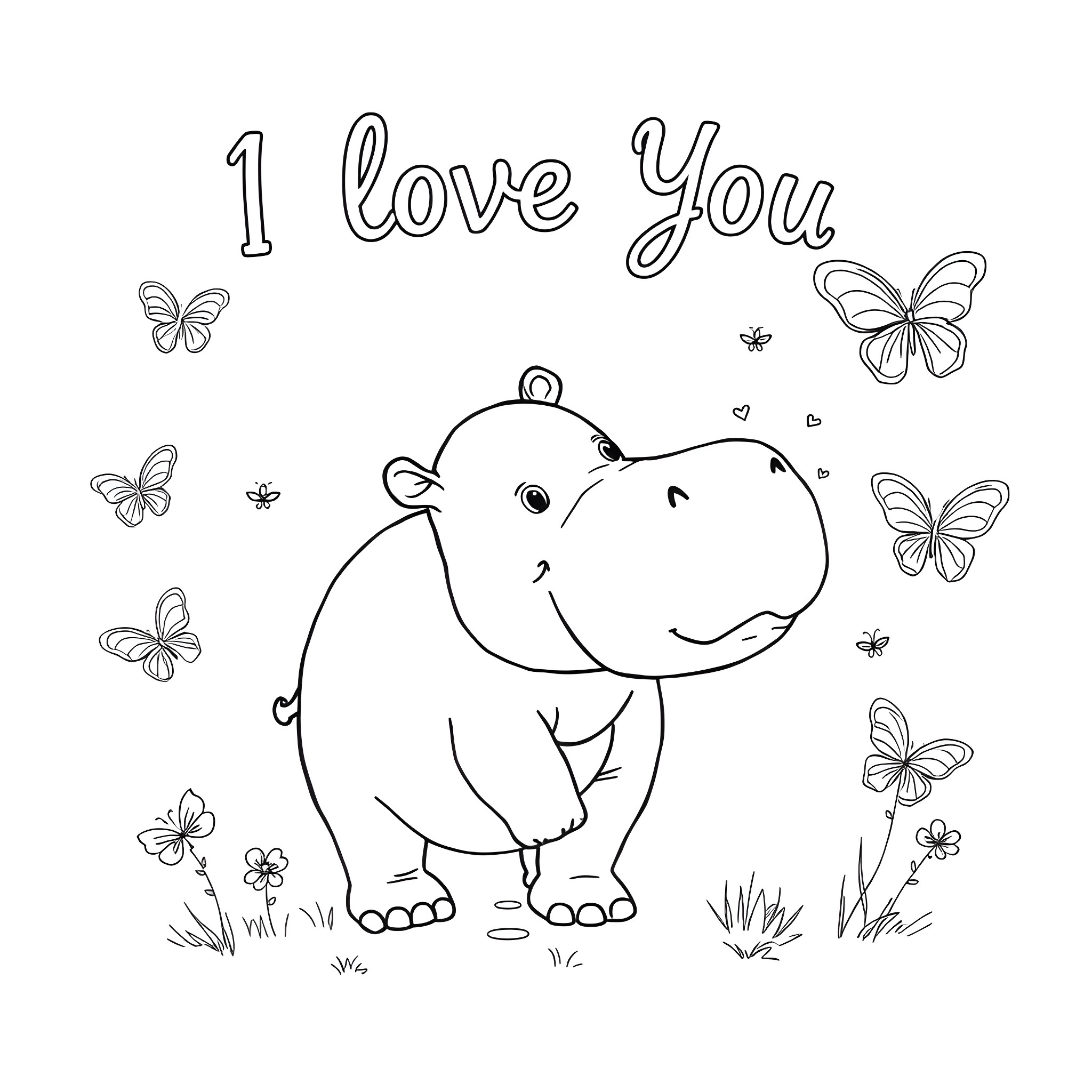 Hippo saying 'I love you' with butterflies Coloring Page (free black-and-white line drawing printable PDF for all, from beginners to advanced learners, including children, teens, adults, and seniors)