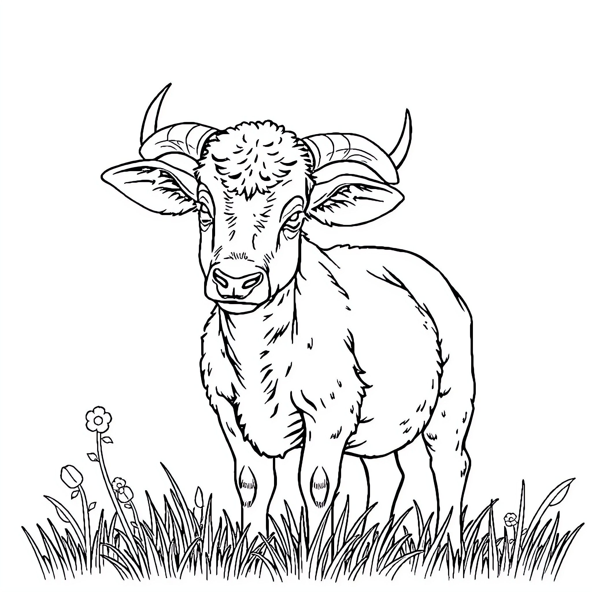 Cow and Goat in a Grassy Field Coloring Page (free black-and-white line drawing printable PDF for all, from beginners to advanced learners, including children, teens, adults, and seniors)
