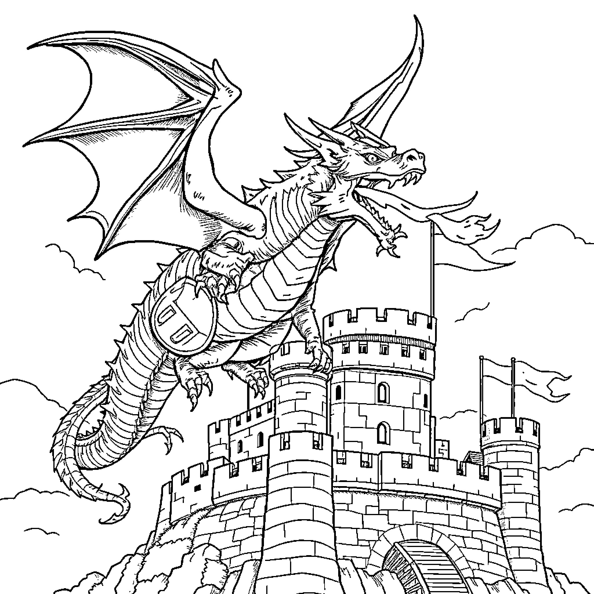 Dragon guarding a majestic castle Coloring Page (free black-and-white line drawing printable PDF for all, from beginners to advanced learners, including children, teens, adults, and seniors)