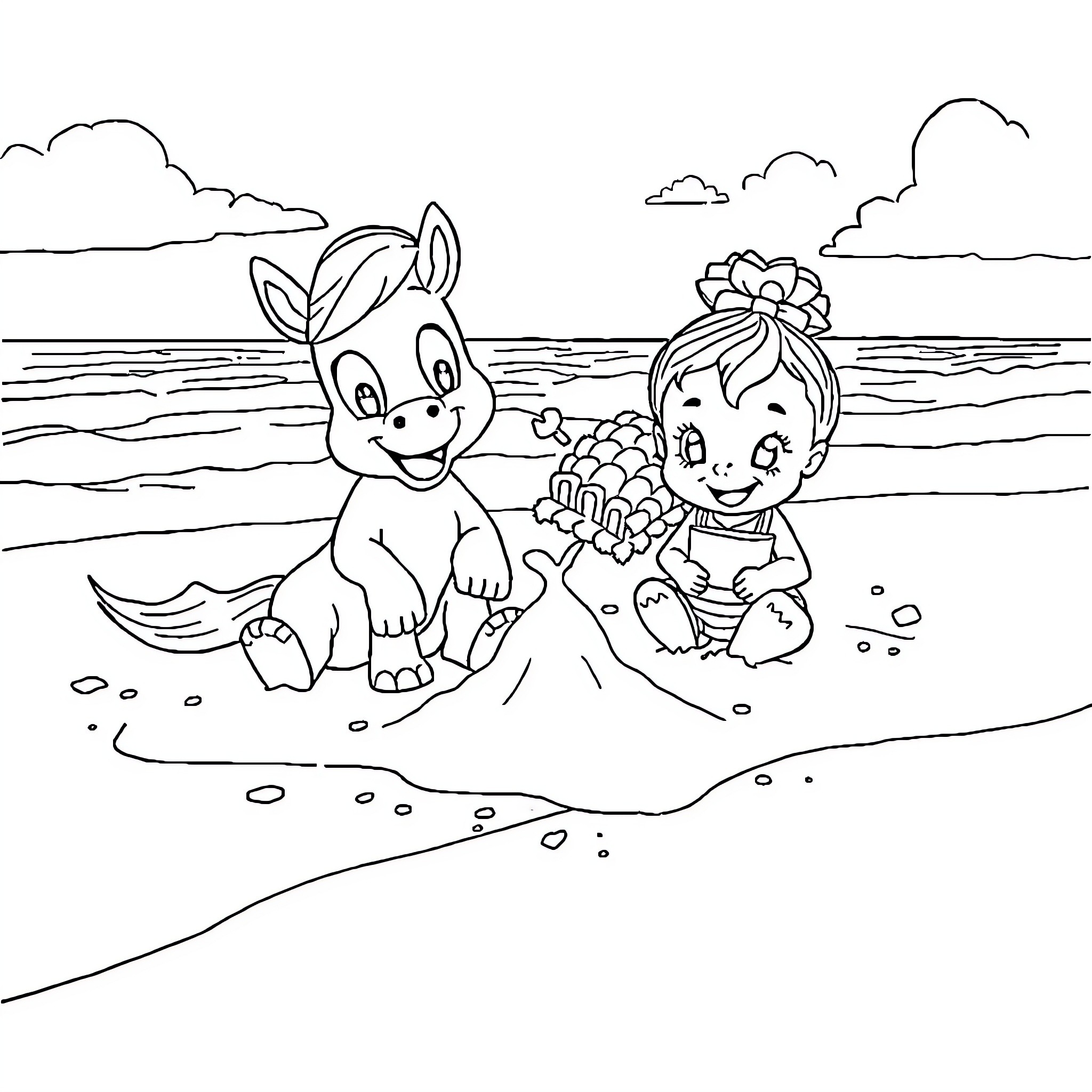 Trotro and friends playing on the beach Coloring Page (free black-and-white line drawing printable PDF for all, from beginners to advanced learners, including children, teens, adults, and seniors)