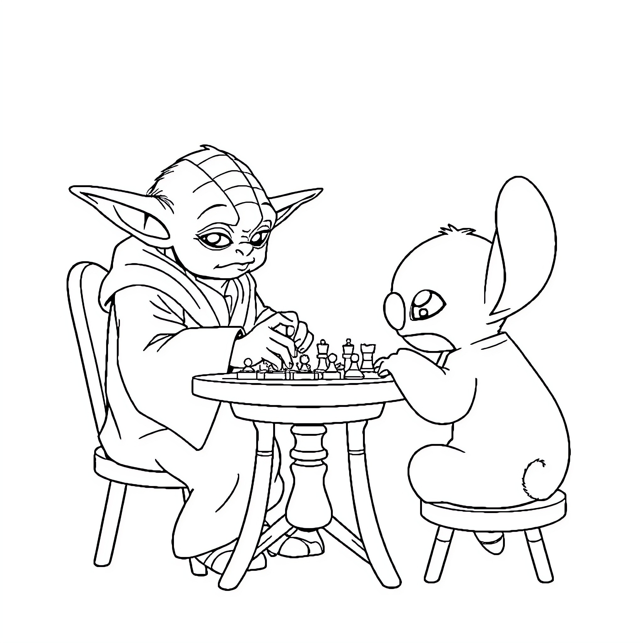 Yoda and Stitch Playing Chess Coloring Page (free black-and-white line drawing printable PDF for all, from beginners to advanced learners, including children, teens, adults, and seniors)