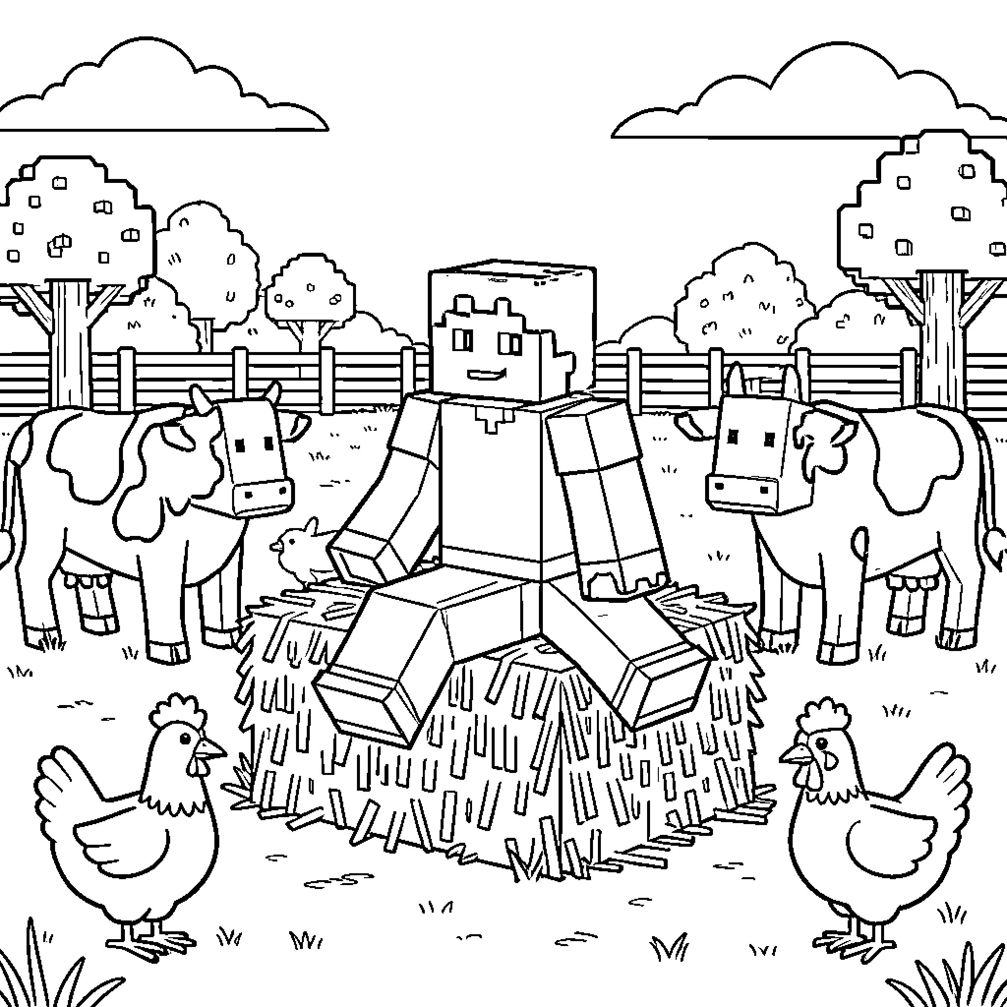 Minecraft Alex sitting on hay surrounded by farm animals Coloring Page (free black-and-white line drawing printable PDF for all, from beginners to advanced learners, including children, teens, adults, and seniors)