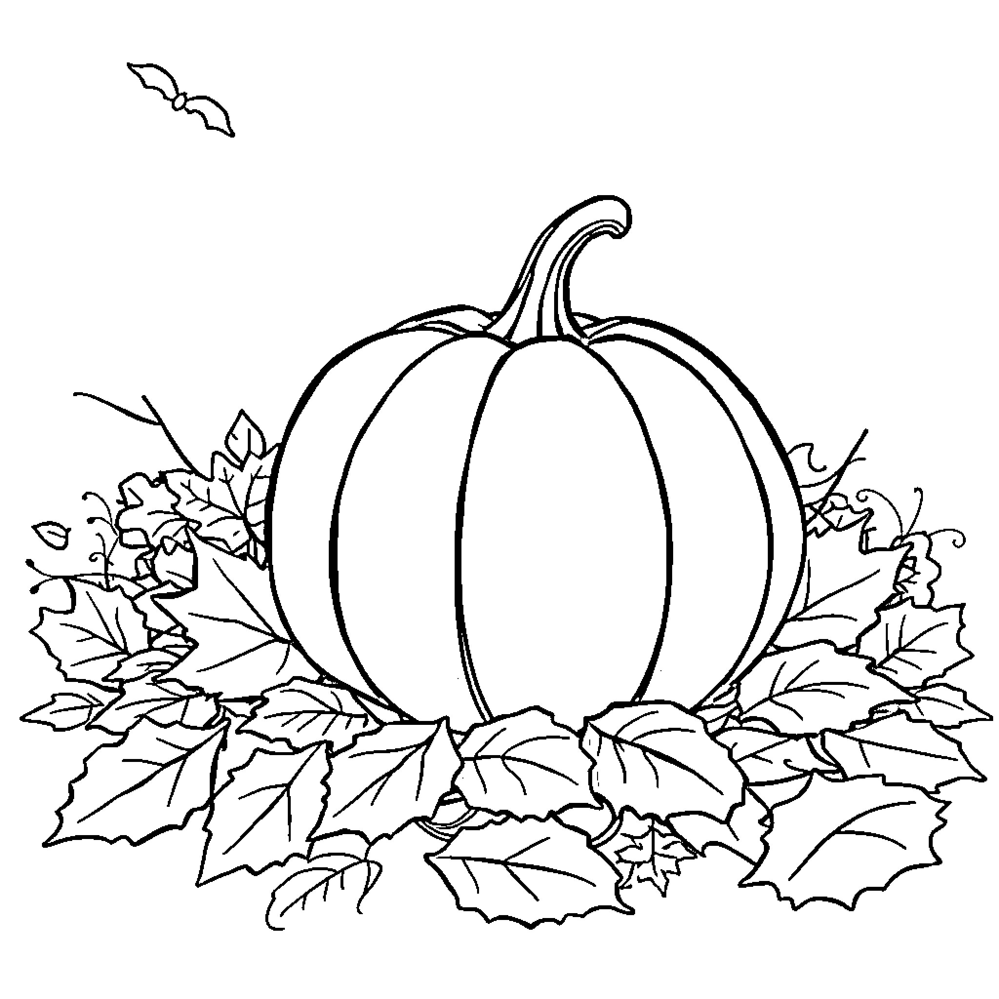 Pumpkin surrounded by autumn leaves Coloring Page (free black-and-white line drawing printable PDF for all, from beginners to advanced learners, including children, teens, adults, and seniors)