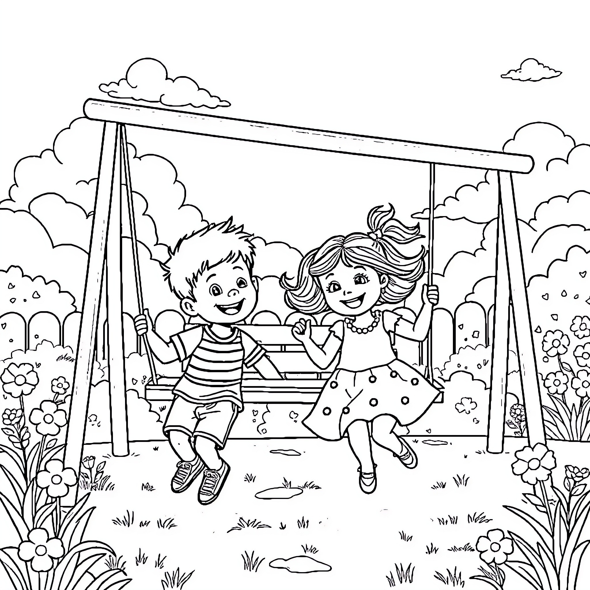 Child Enjoying Swing in Park with Friend Coloring Page (free black-and-white line drawing printable PDF for all, from beginners to advanced learners, including children, teens, adults, and seniors)