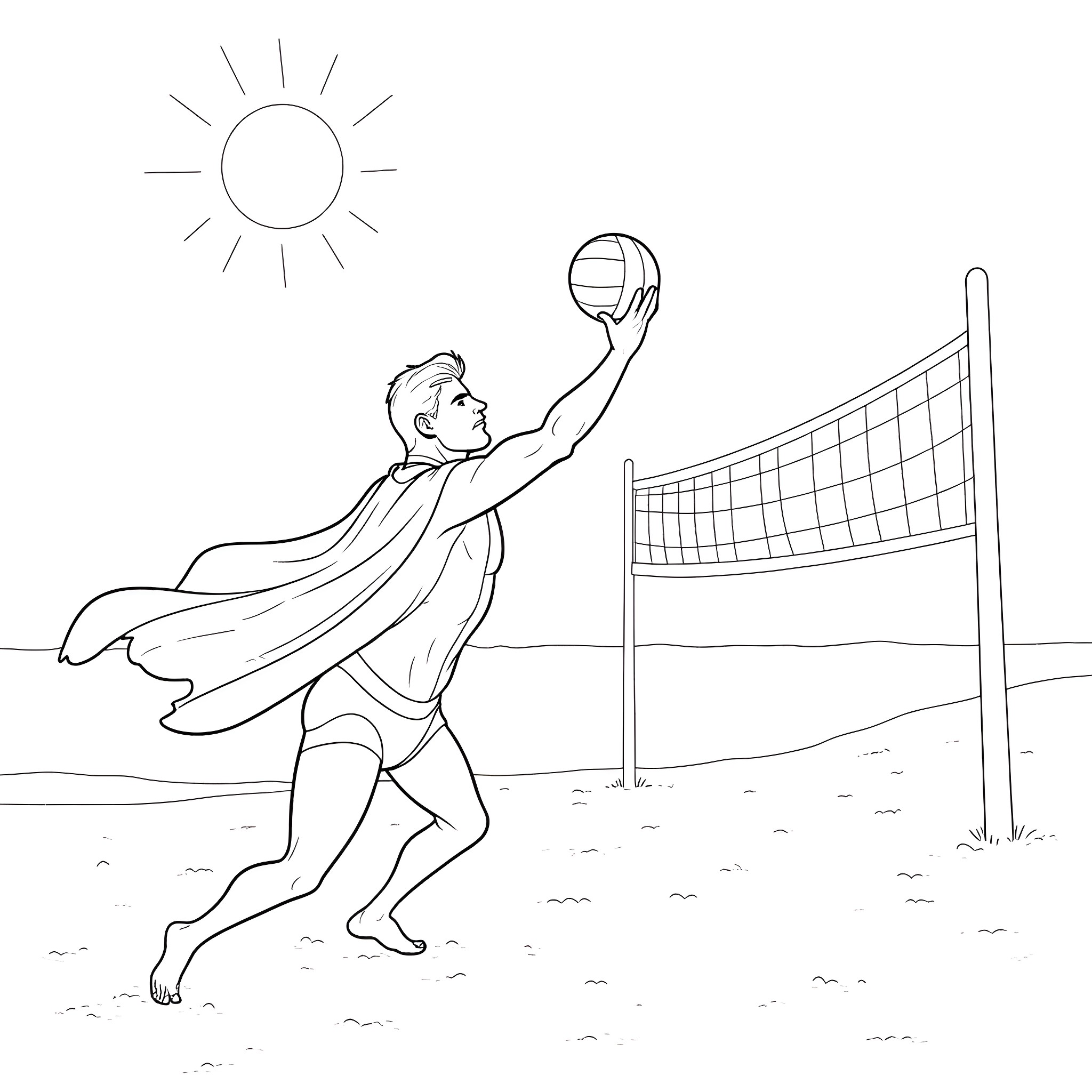 Superman soaring through the sky, ready to spike the volleyball Coloring Page (free black-and-white line drawing printable PDF for all, from beginners to advanced learners, including children, teens, adults, and seniors)