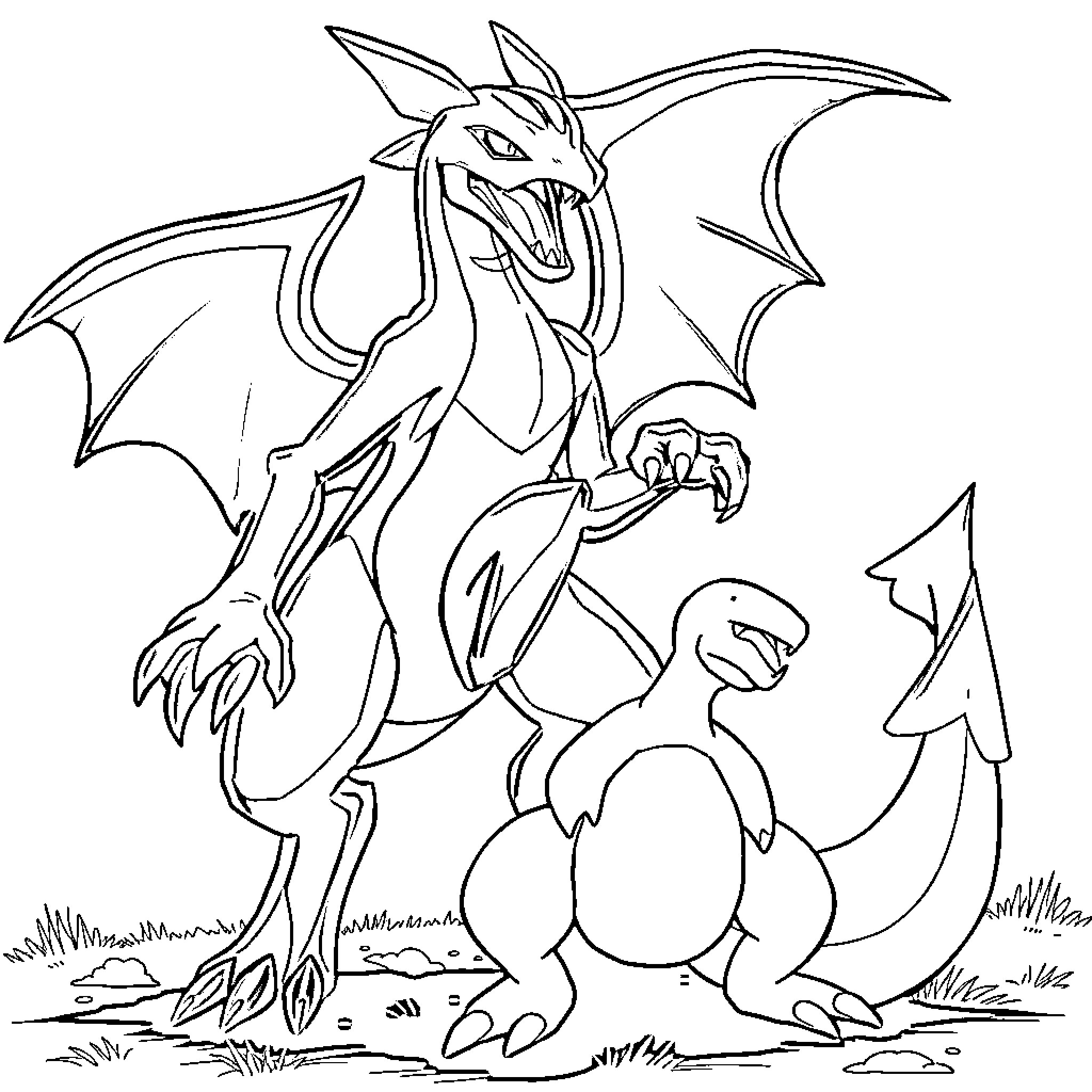 Scizor facing off against a ferocious dragon Coloring Page (free black-and-white line drawing printable PDF for all, from beginners to advanced learners, including children, teens, adults, and seniors)