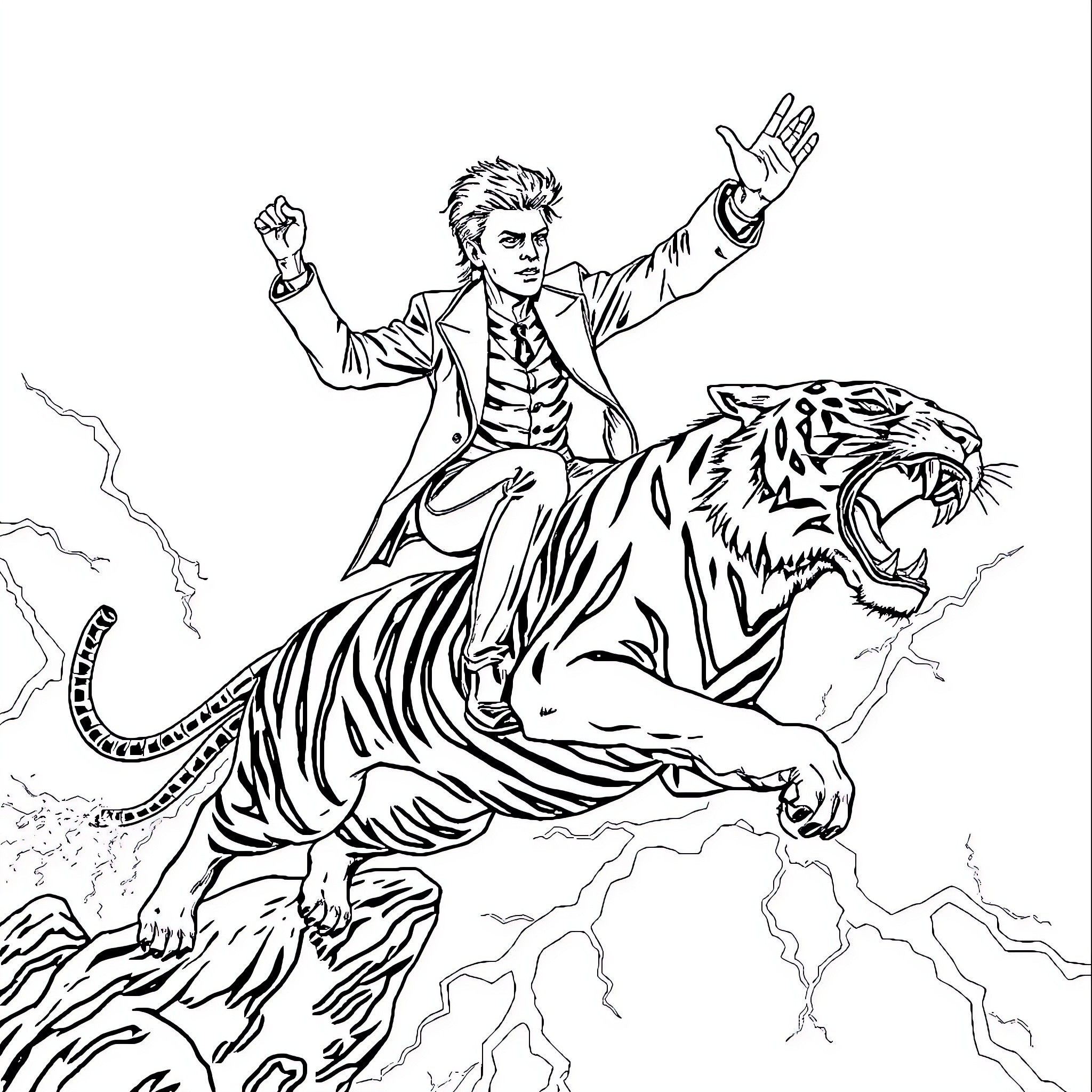 David Bowie riding a fierce tiger amidst lightning Coloring Page (free black-and-white line drawing printable PDF for all, from beginners to advanced learners, including children, teens, adults, and seniors)
