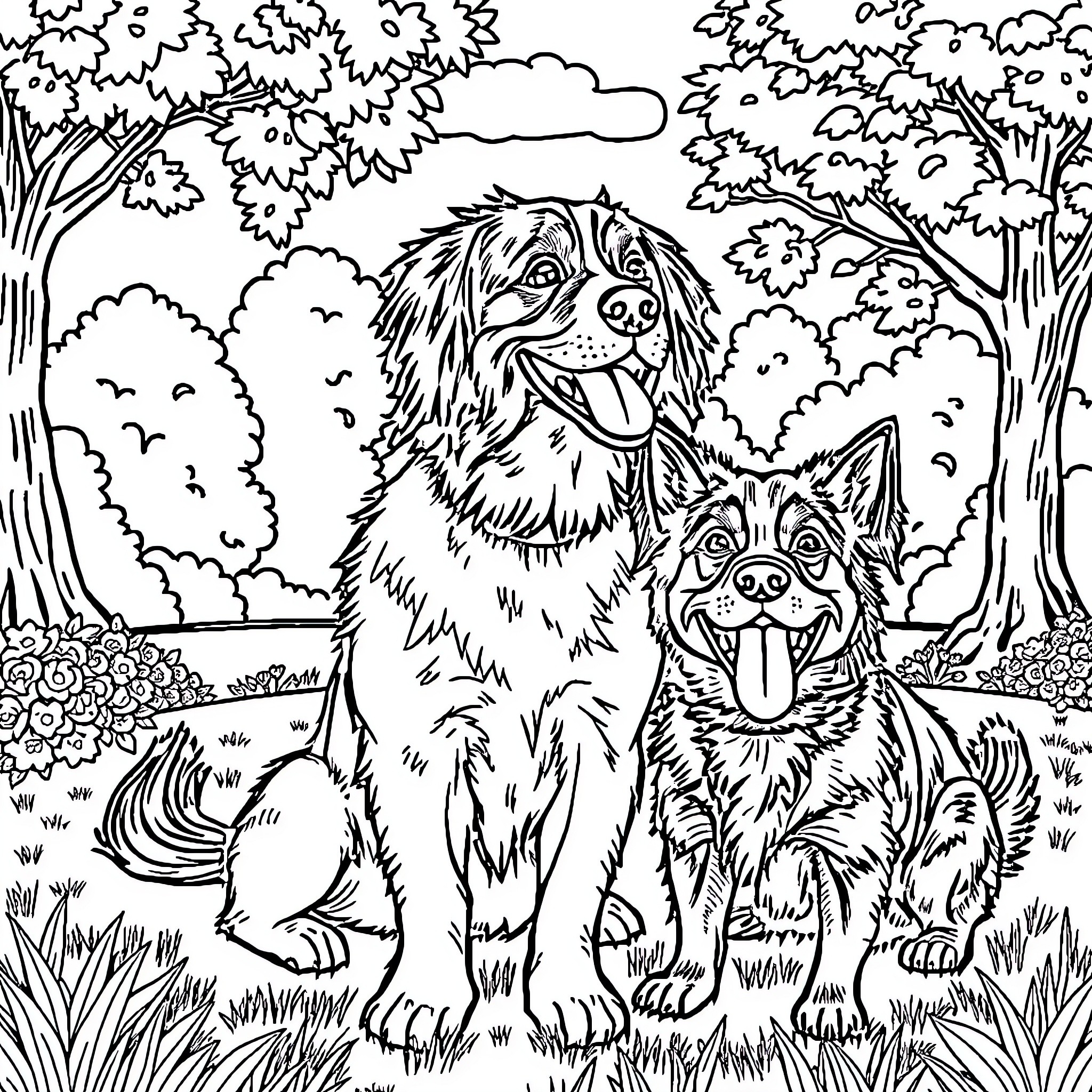 Dog companions in a lush woodland setting Coloring Page (free black-and-white line drawing printable PDF for all, from beginners to advanced learners, including children, teens, adults, and seniors)
