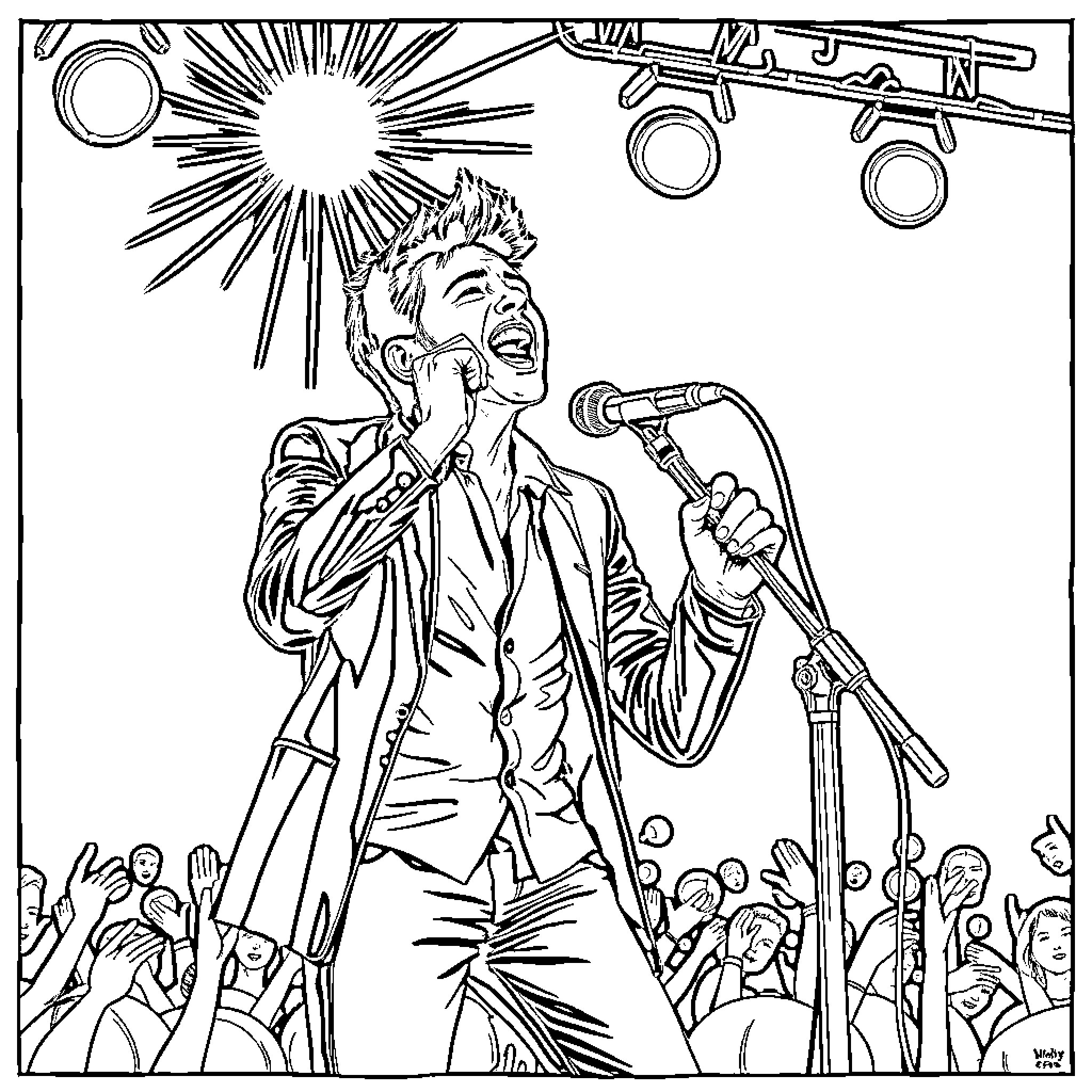 Brendon Urie performing on stage with energy Coloring Page (free black-and-white line drawing printable PDF for all, from beginners to advanced learners, including children, teens, adults, and seniors)