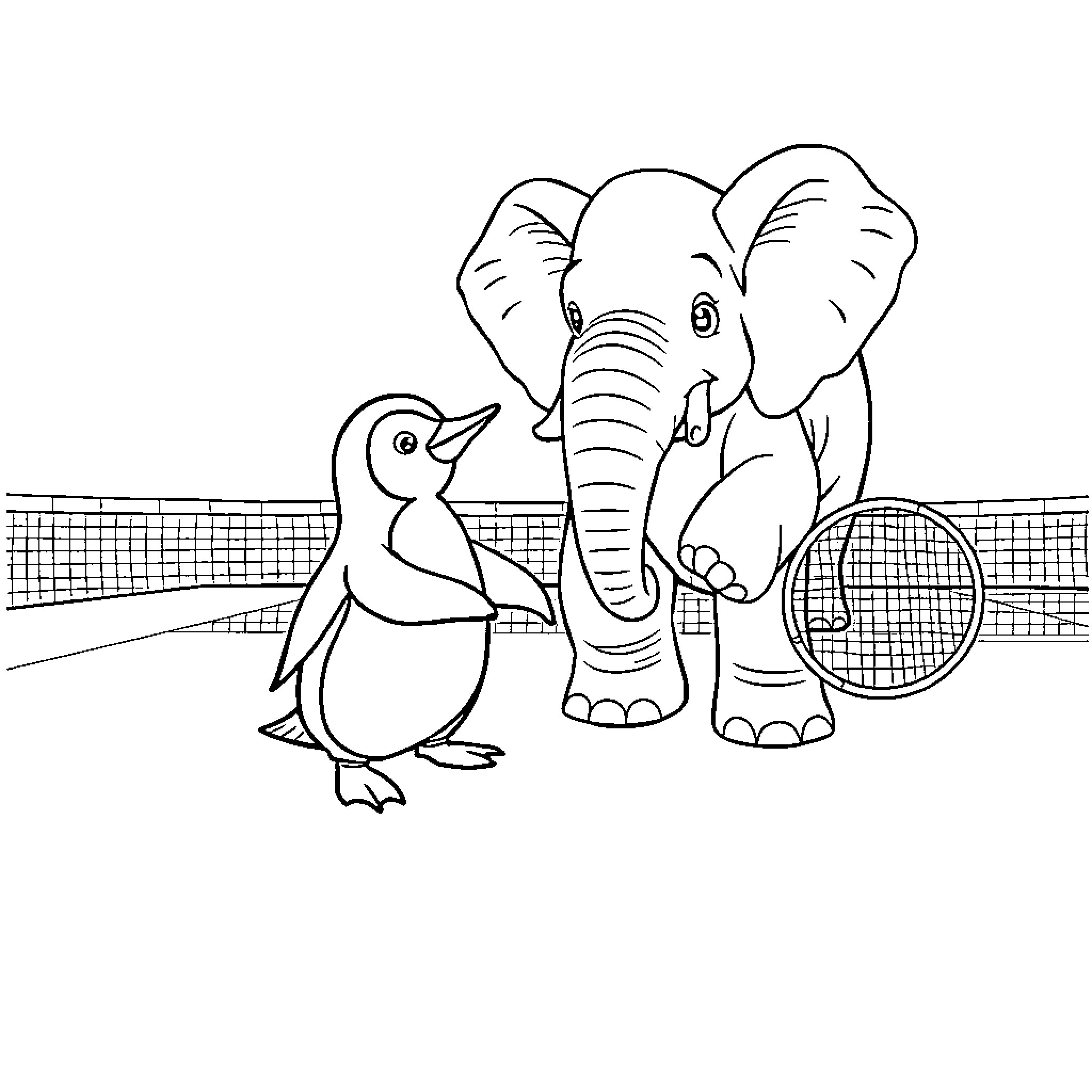 Penguin and Elephant Playing Tennis Coloring Page (free black-and-white line drawing printable PDF for all, from beginners to advanced learners, including children, teens, adults, and seniors)