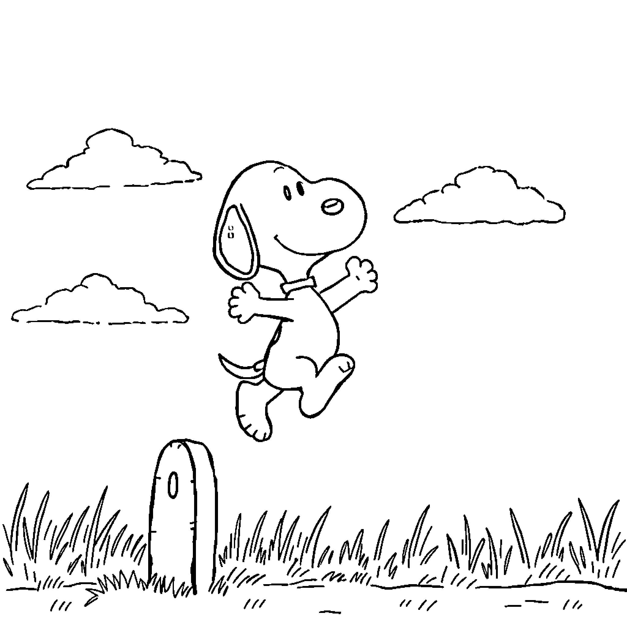 Snoopy happily jumping in a grassy field Coloring Page (free black-and-white line drawing printable PDF for all, from beginners to advanced learners, including children, teens, adults, and seniors)