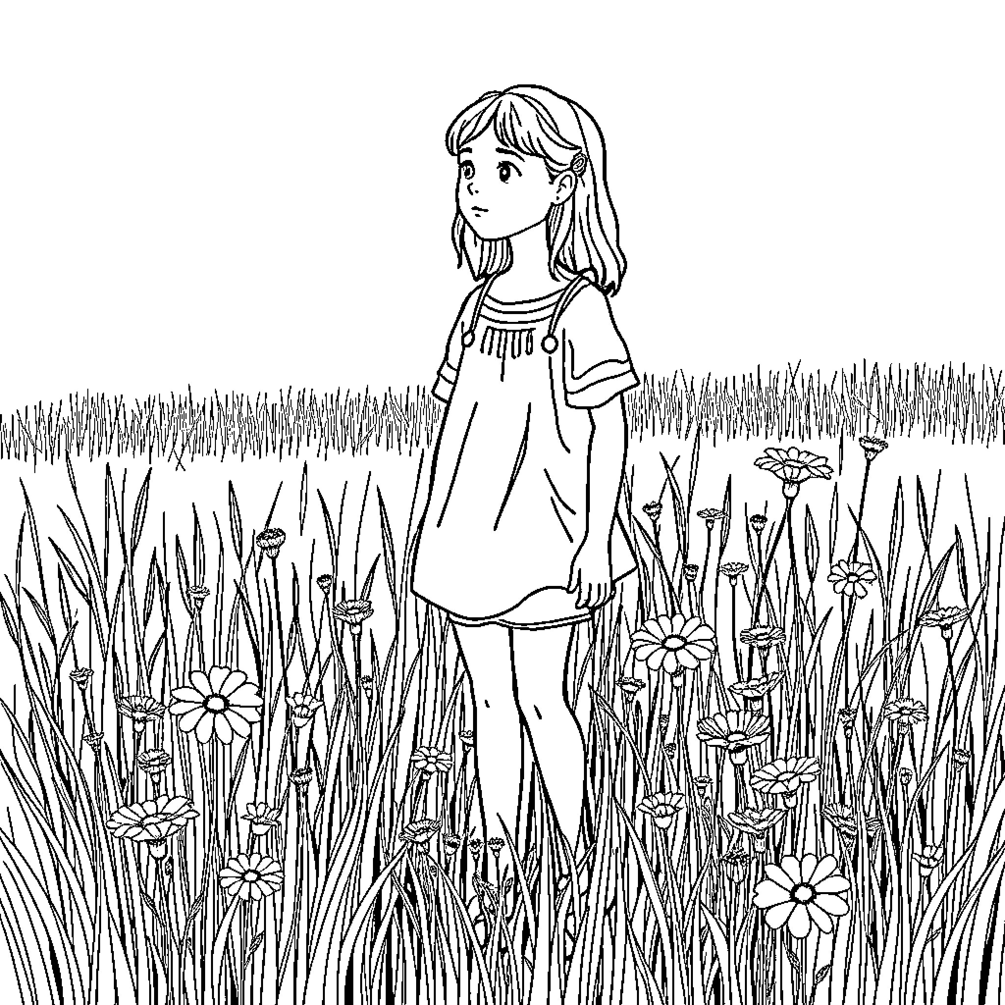 Girl standing in a field of flowers Coloring Page (free black-and-white line drawing printable PDF for all, from beginners to advanced learners, including children, teens, adults, and seniors)