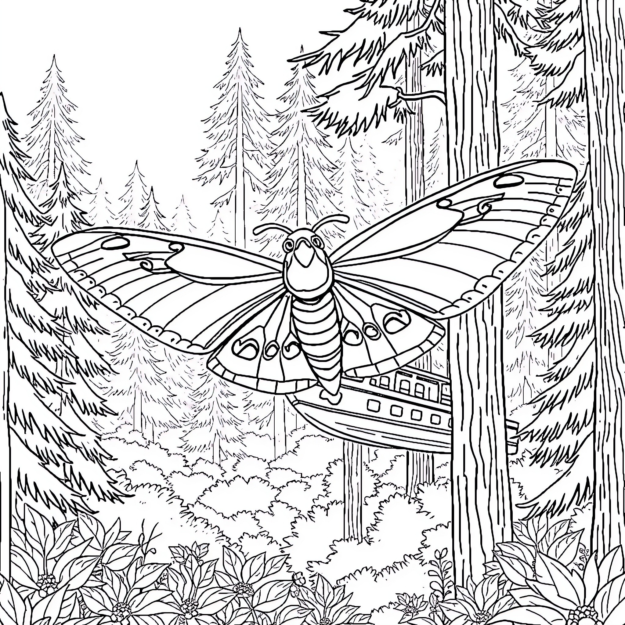 Ferry Carrying Passengers through Serene Forest Landscape Coloring Page (free black-and-white line drawing printable PDF for all, from beginners to advanced learners, including children, teens, adults, and seniors)