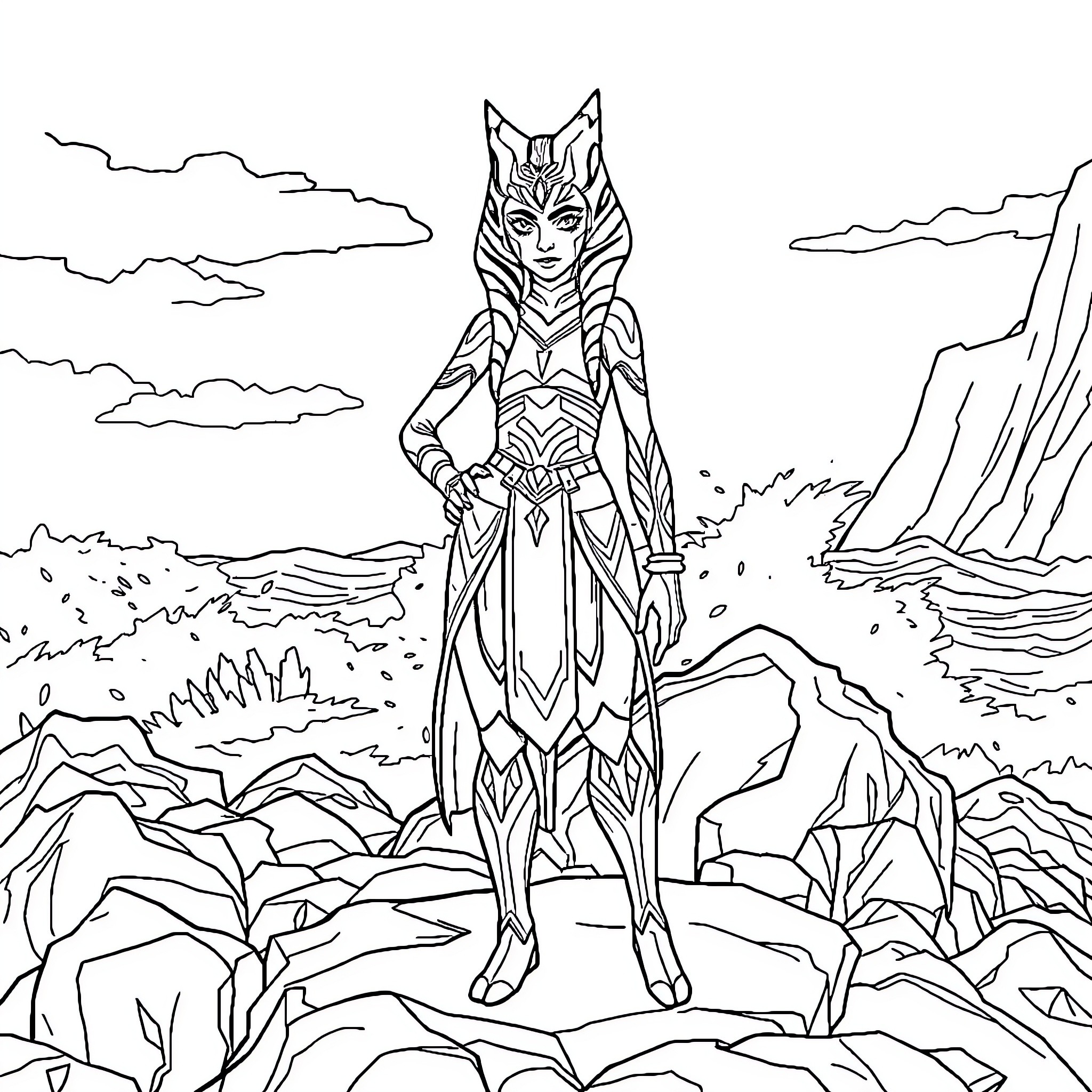 Shin Hati Warrior Stands Amidst Mountainous Landscape Coloring Page (free black-and-white line drawing printable PDF for all, from beginners to advanced learners, including children, teens, adults, and seniors)