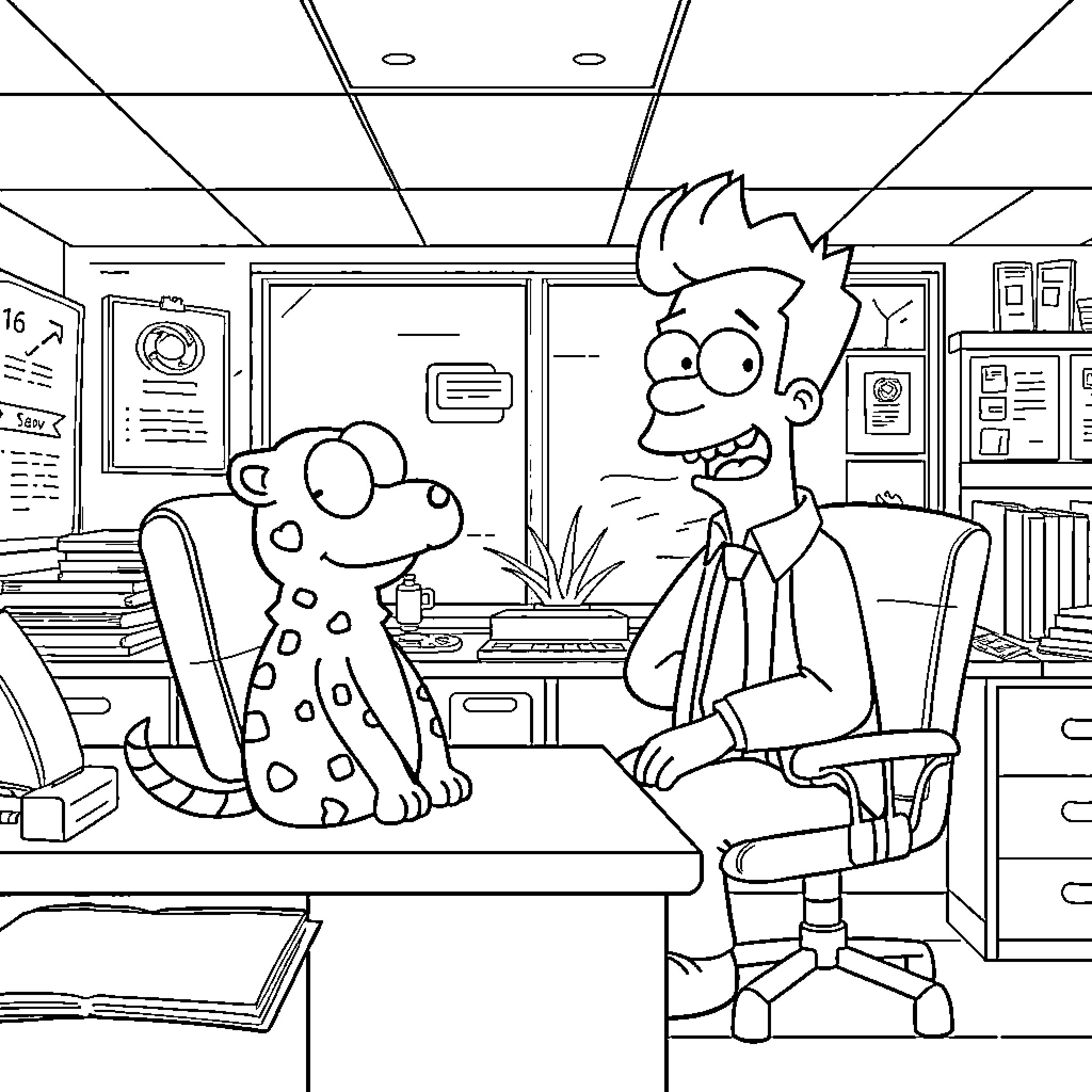 Ziggy's Crazy Office Adventure Coloring Page (free black-and-white line drawing printable PDF for all, from beginners to advanced learners, including children, teens, adults, and seniors)