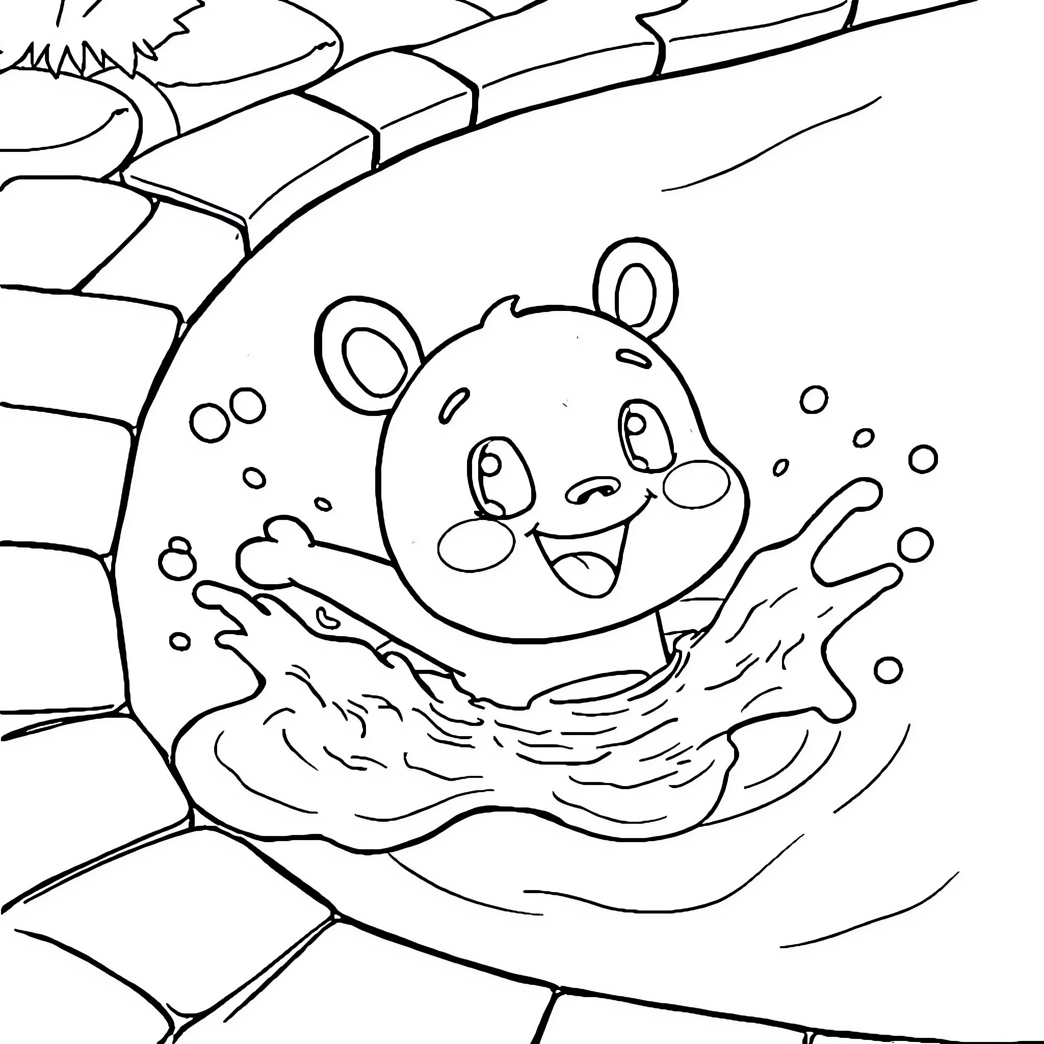 Labubu splashing joyfully in the water Coloring Page (free black-and-white line drawing printable PDF for all, from beginners to advanced learners, including children, teens, adults, and seniors)