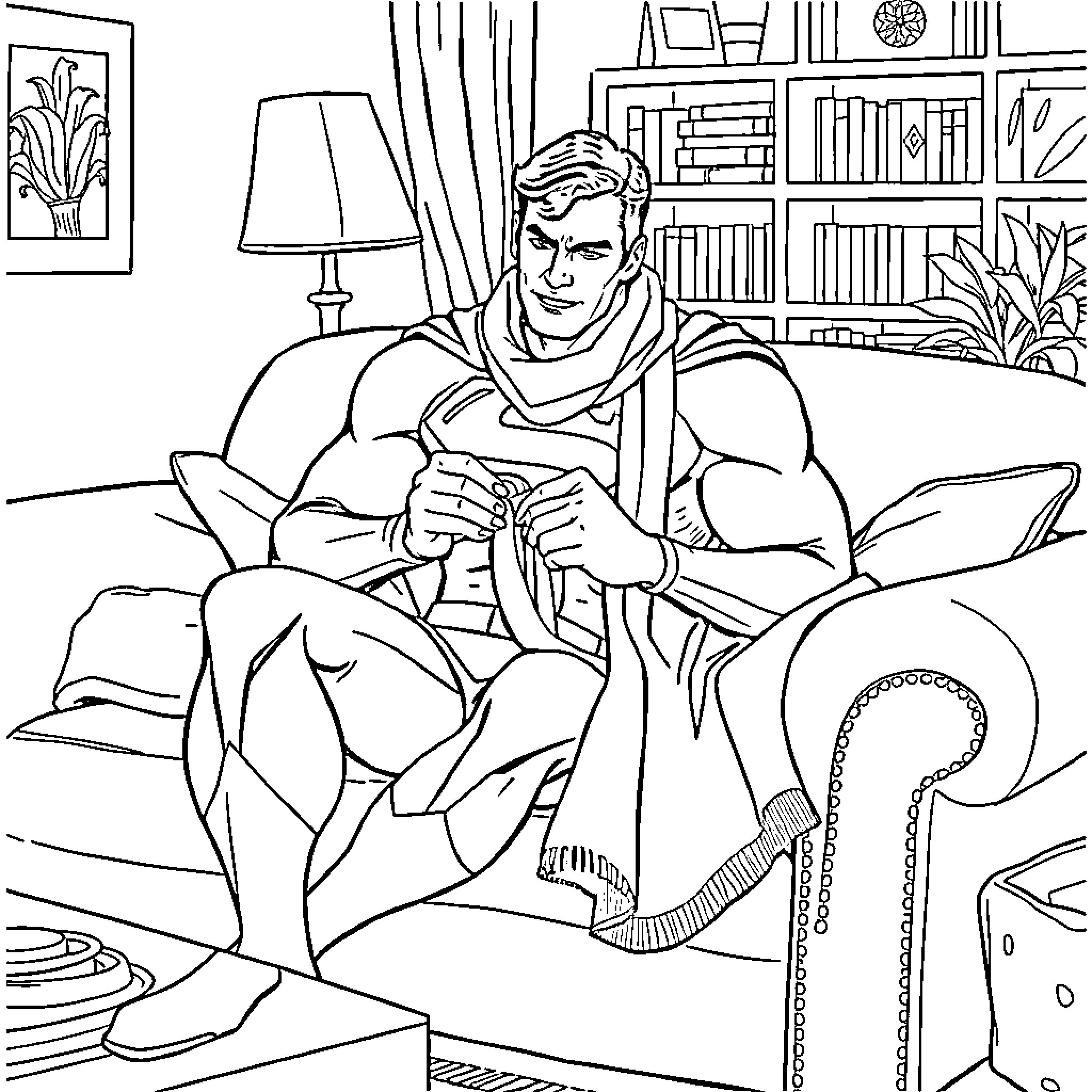 Superman relaxing in a cozy home setting Coloring Page (free black-and-white line drawing printable PDF for all, from beginners to advanced learners, including children, teens, adults, and seniors)