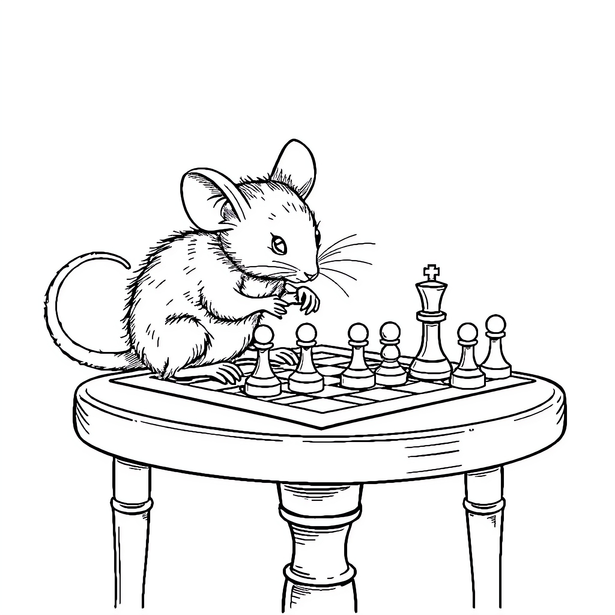 Mouse playing chess on a table Coloring Page (free black-and-white line drawing printable PDF for all, from beginners to advanced learners, including children, teens, adults, and seniors)