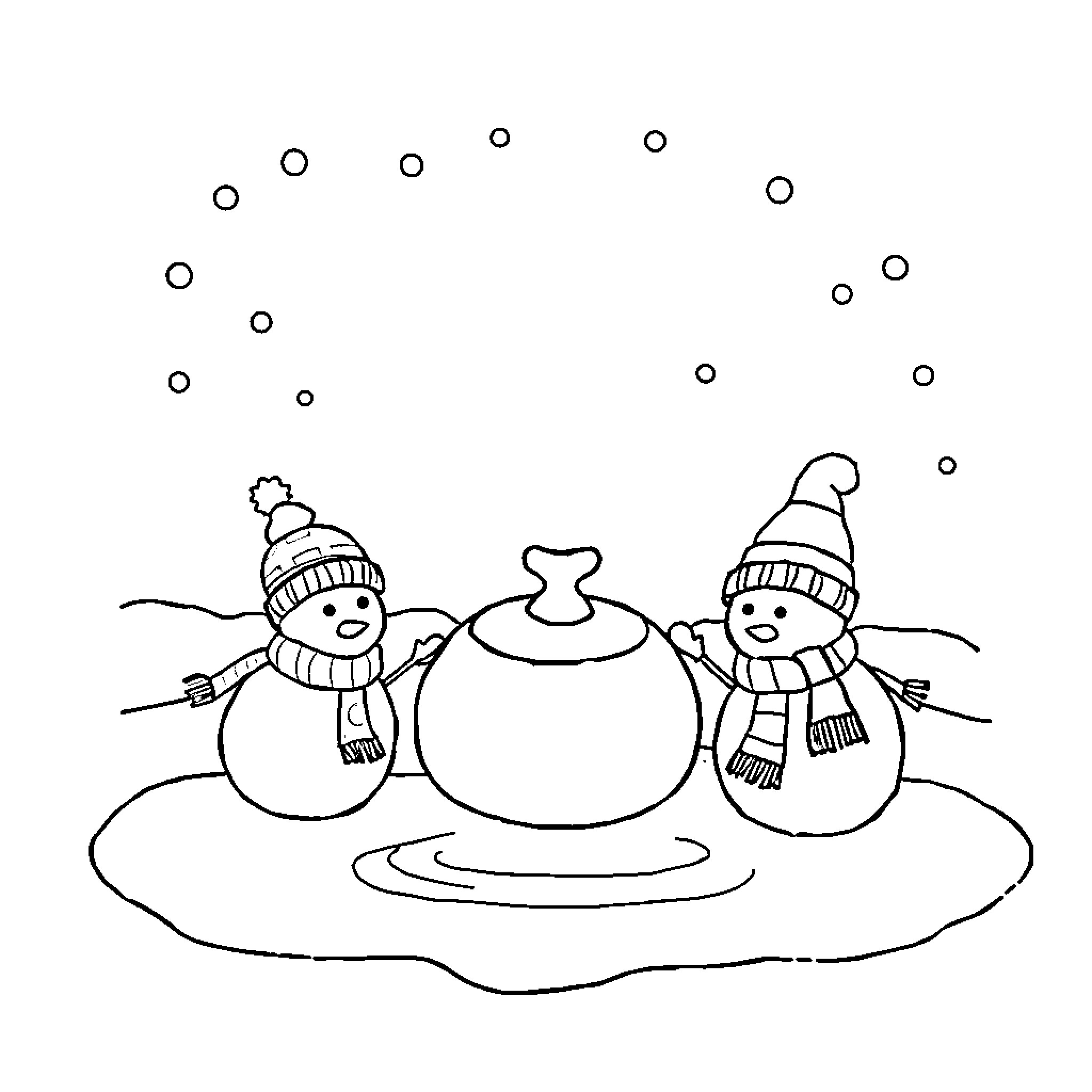 Curling Stone Game in Winter Wonderland Coloring Page (free black-and-white line drawing printable PDF for all, from beginners to advanced learners, including children, teens, adults, and seniors)