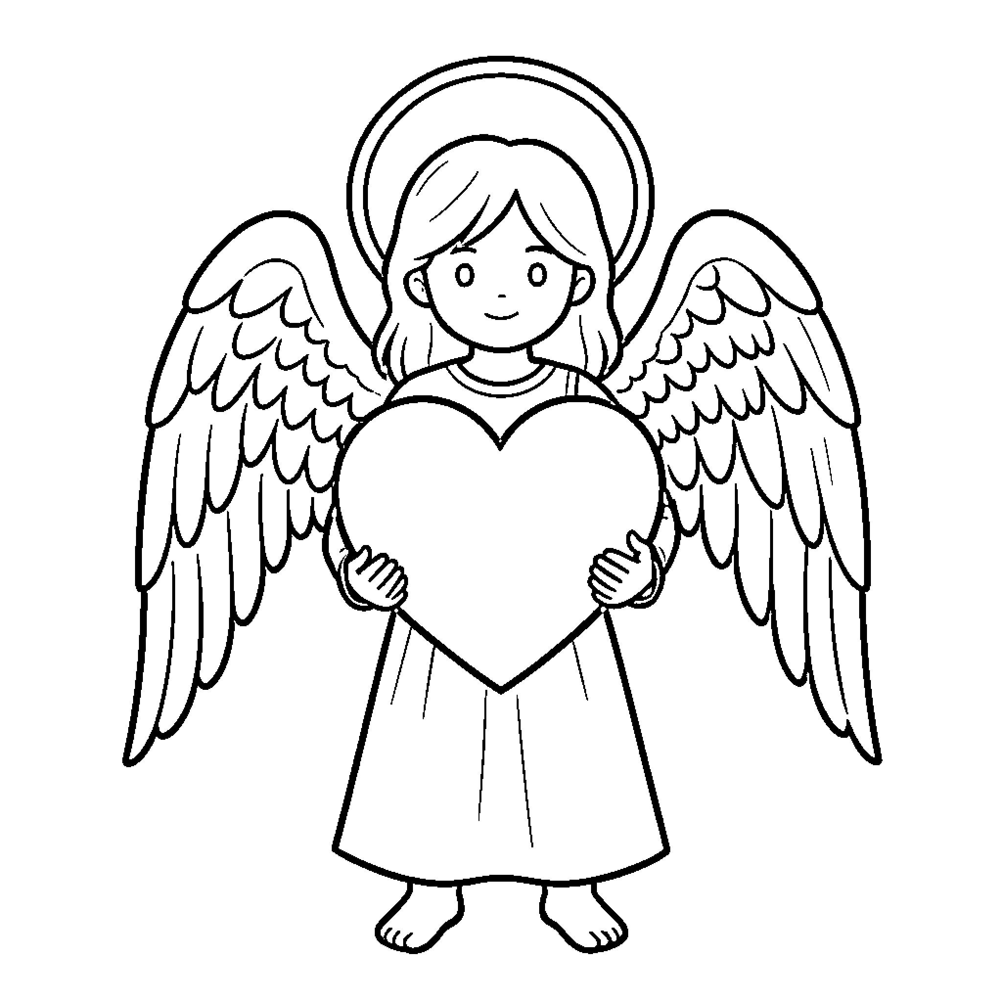 Angel smiling while holding a large heart Coloring Page (free black-and-white line drawing printable PDF for all, from beginners to advanced learners, including children, teens, adults, and seniors)