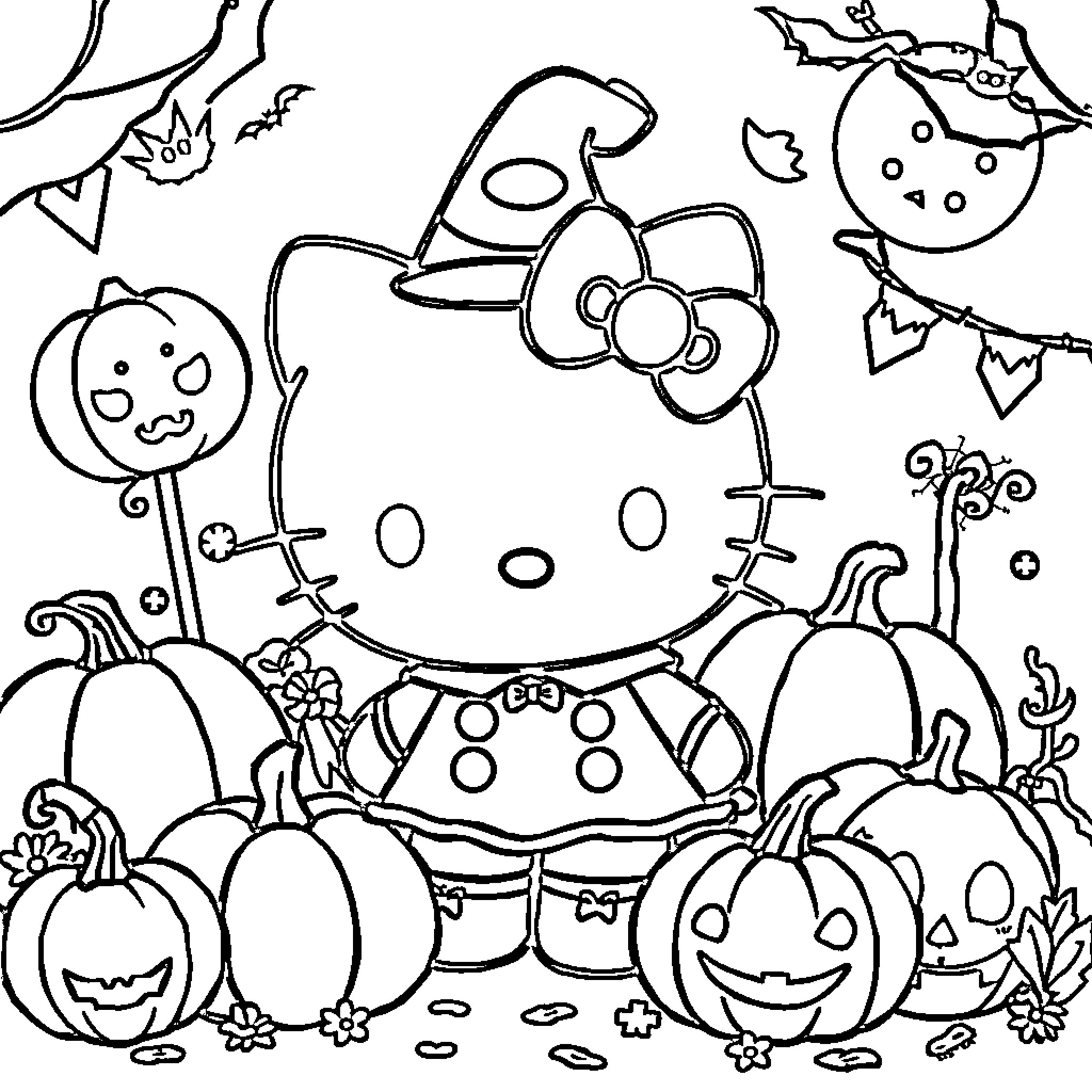 Hello Kitty Celebrates Halloween with Pumpkins and Bats Coloring Page (free black-and-white line drawing printable PDF for all, from beginners to advanced learners, including children, teens, adults, and seniors)