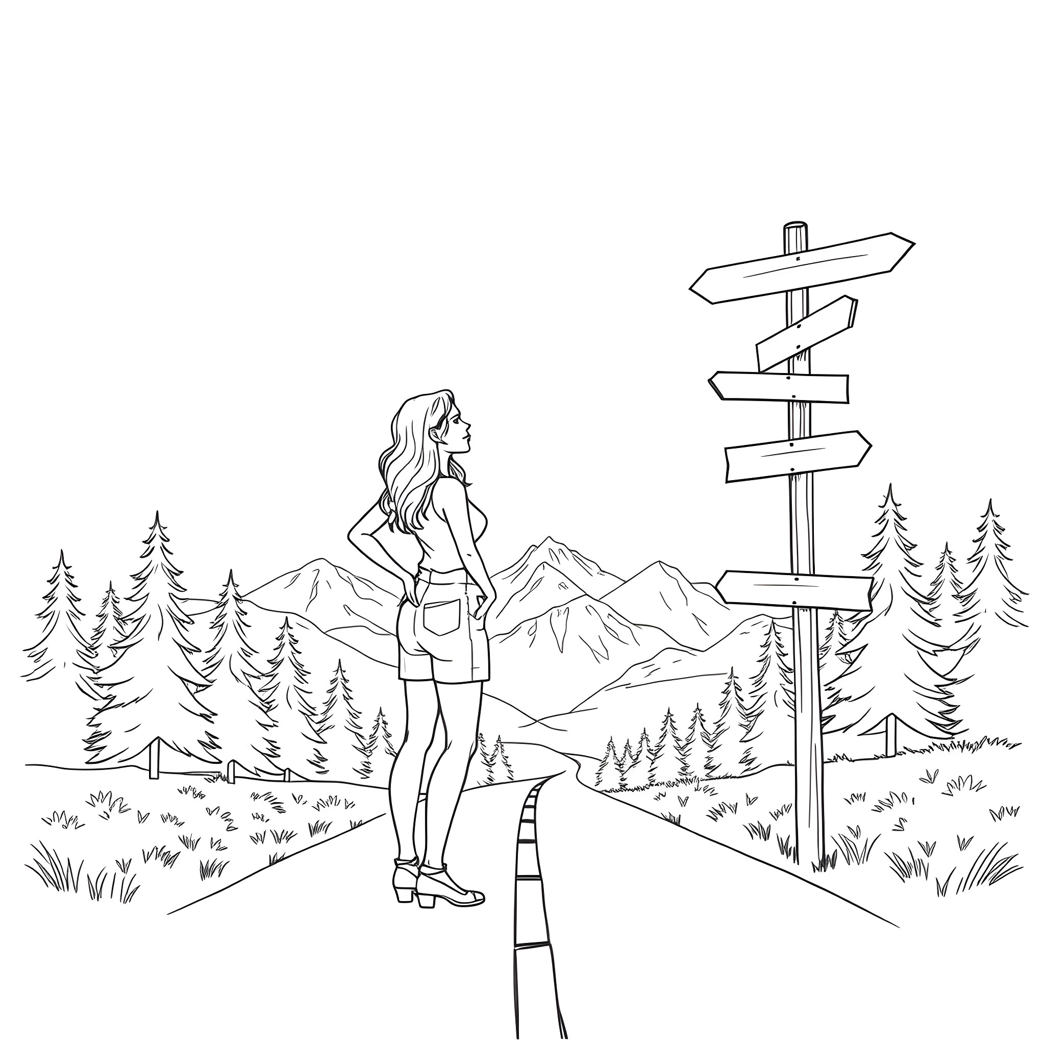 Woman standing at a road sign in the mountains Coloring Page (free black-and-white line drawing printable PDF for all, from beginners to advanced learners, including children, teens, adults, and seniors)