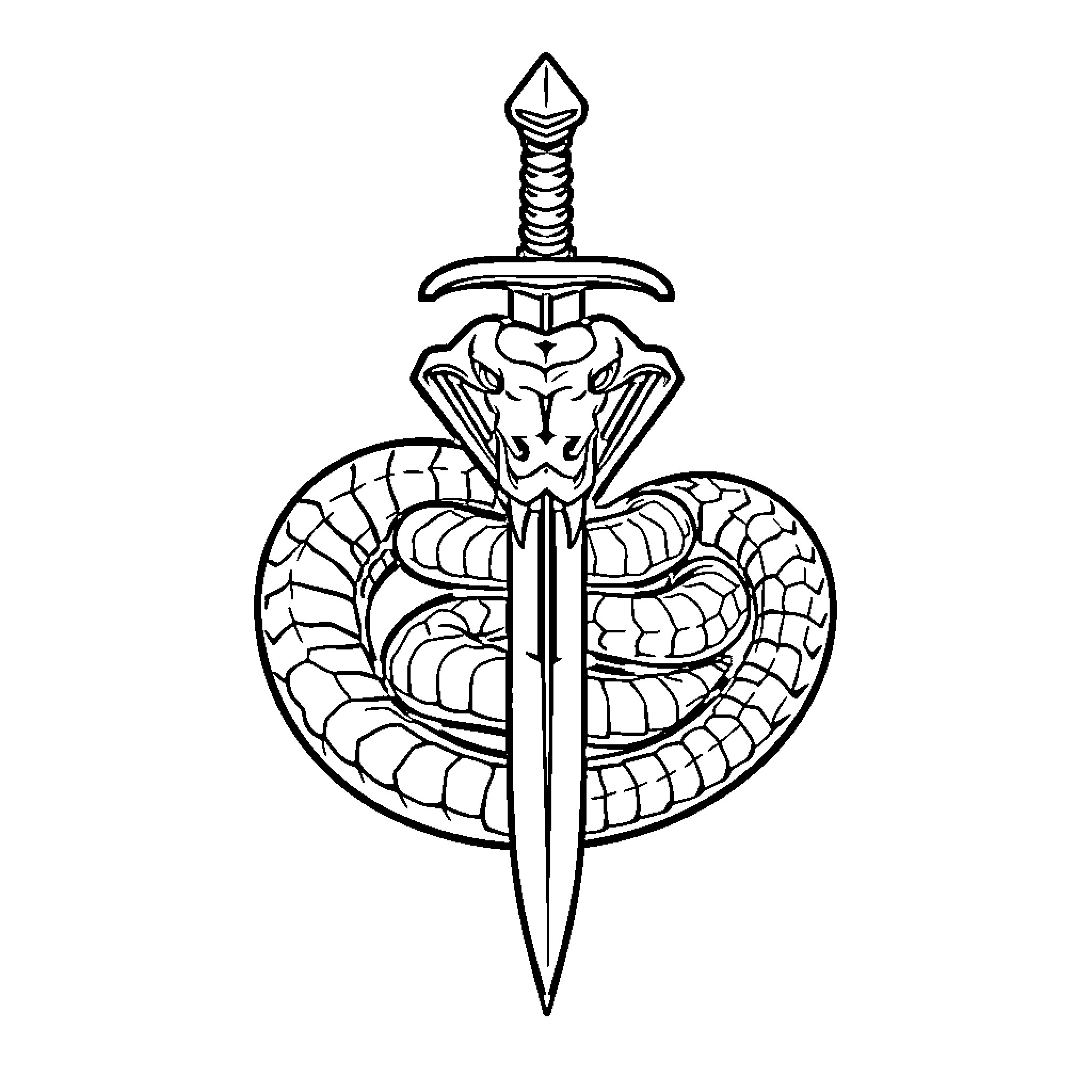 Emblem of a Serpent Coiled Around a Sword Coloring Page (free black-and-white line drawing printable PDF for all, from beginners to advanced learners, including children, teens, adults, and seniors)
