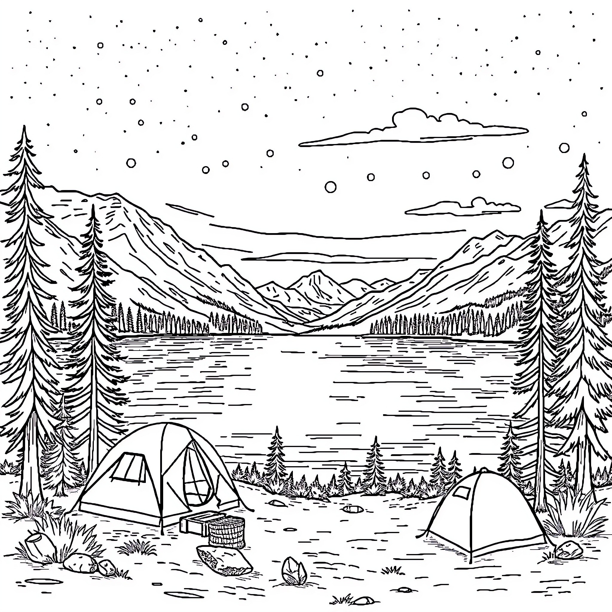 Camping in the Serene Mountain Landscape Coloring Page (free black-and-white line drawing printable PDF for all, from beginners to advanced learners, including children, teens, adults, and seniors)