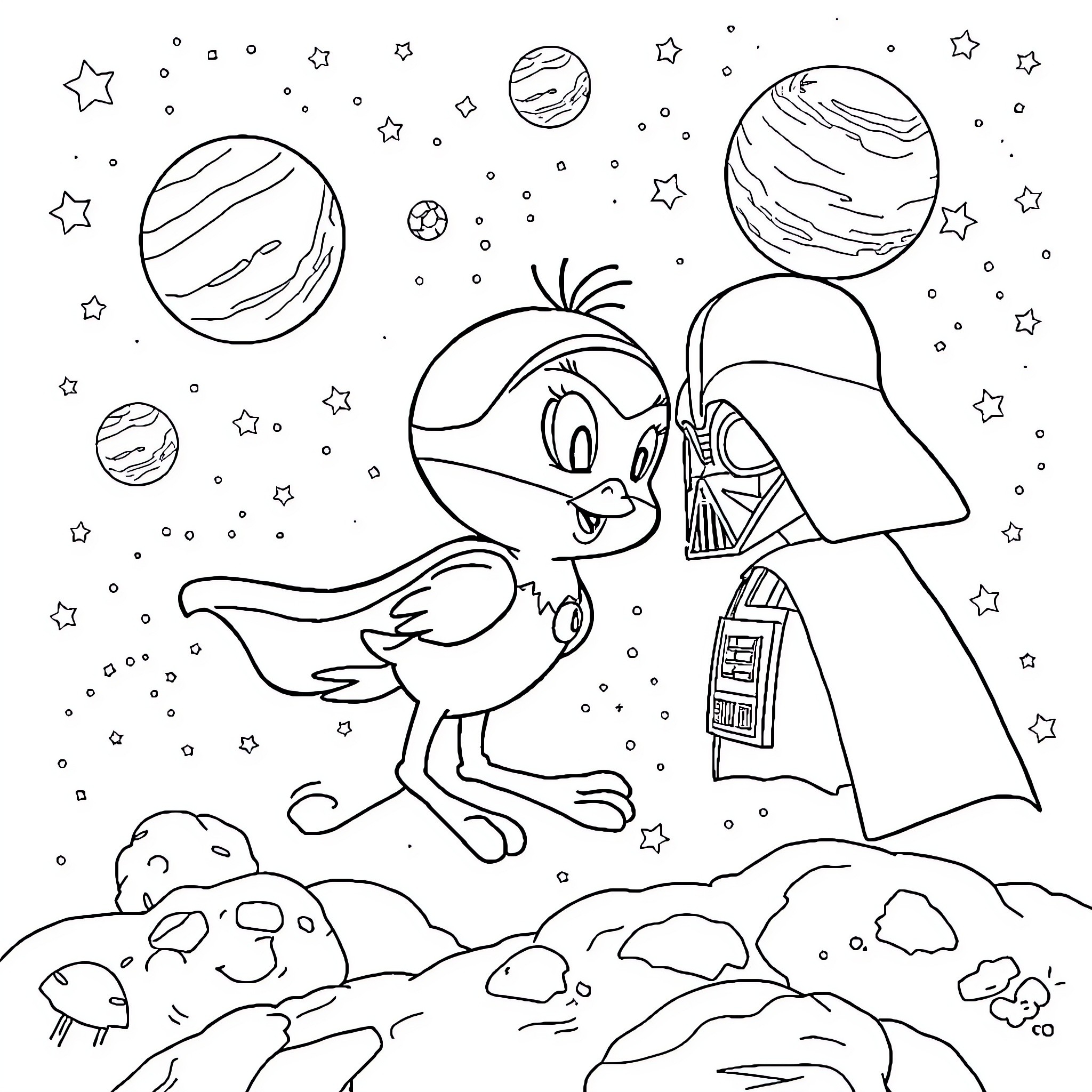 Tweety Bird exploring the galaxy with Darth Vader Coloring Page (free black-and-white line drawing printable PDF for all, from beginners to advanced learners, including children, teens, adults, and seniors)