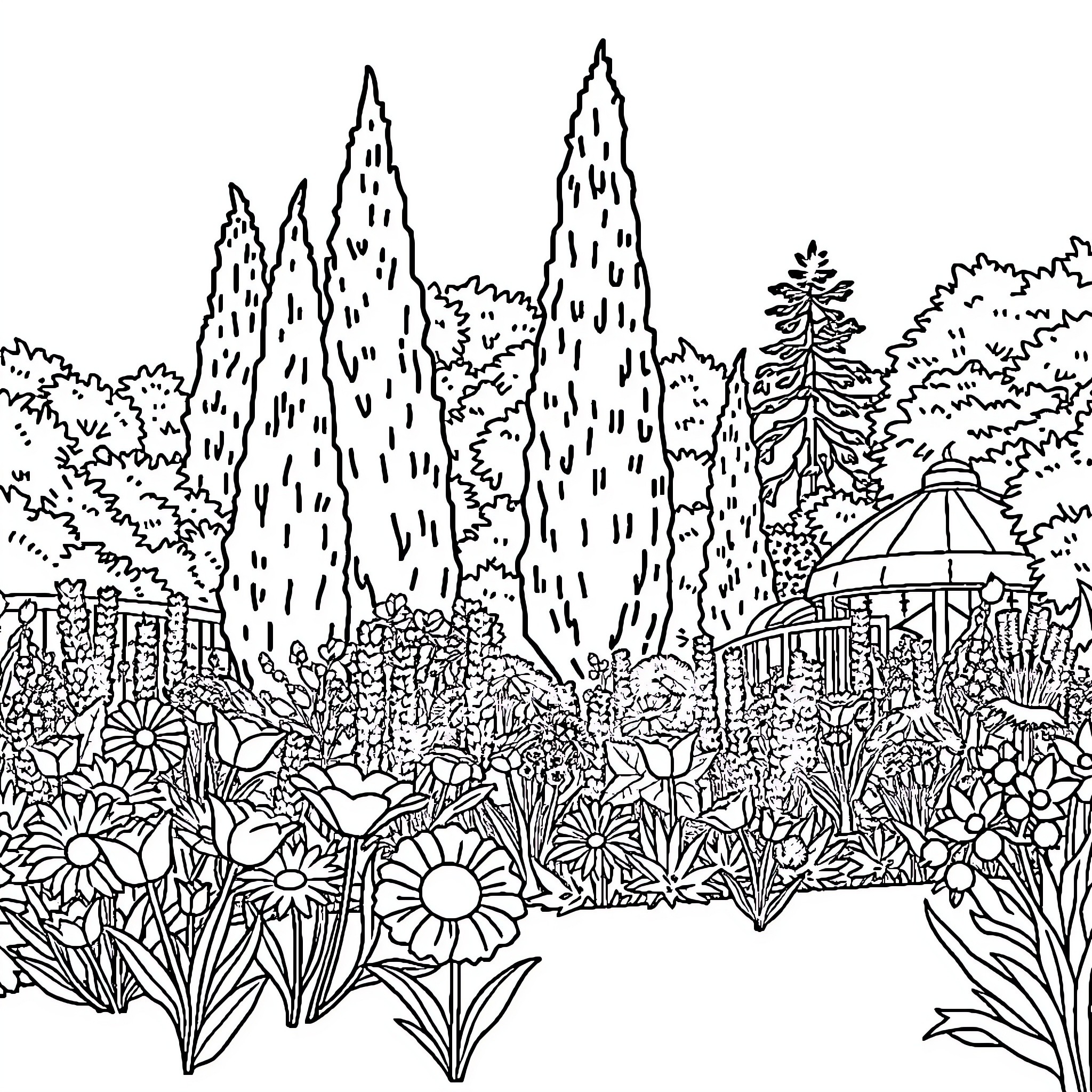 Garden of Enchanting Scenery Coloring Page (free black-and-white line drawing printable PDF for all, from beginners to advanced learners, including children, teens, adults, and seniors)