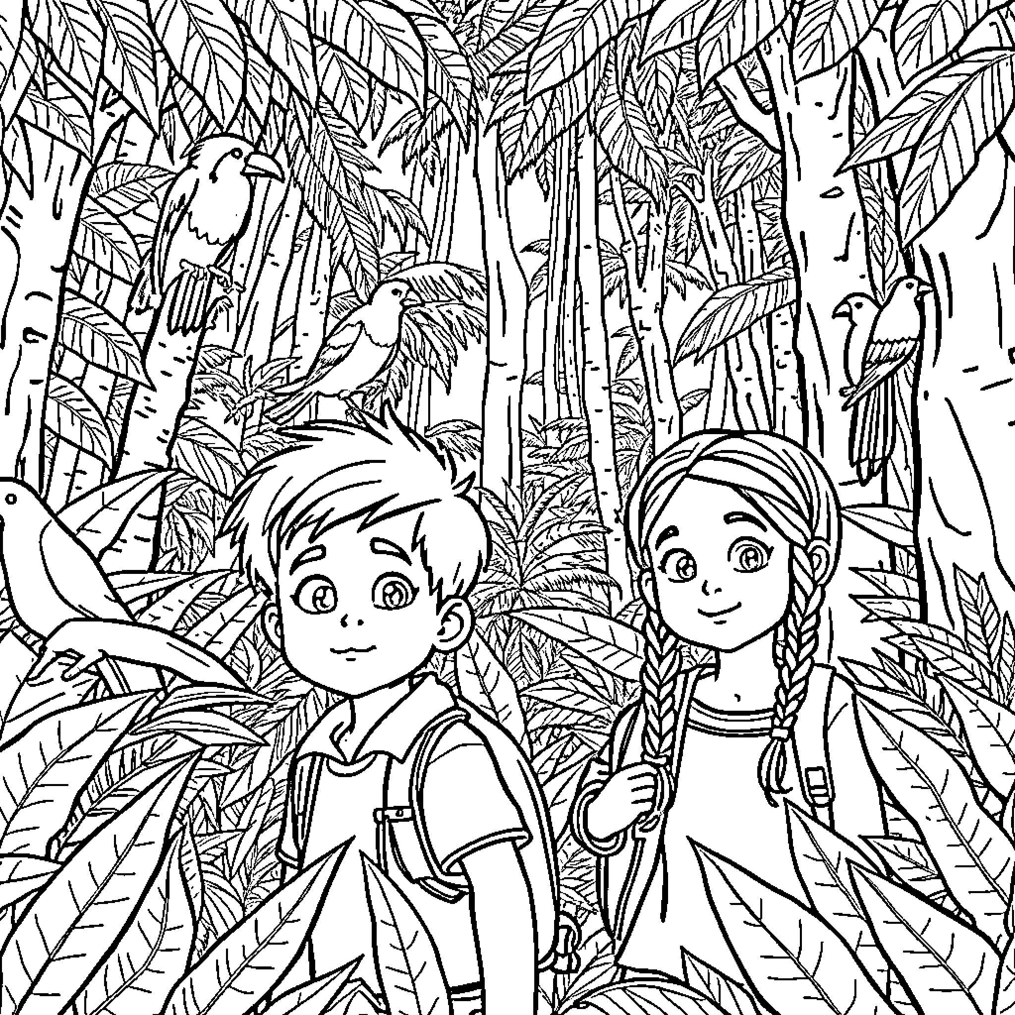 Child exploring the lush jungle with a friend Coloring Page (free black-and-white line drawing printable PDF for all, from beginners to advanced learners, including children, teens, adults, and seniors)