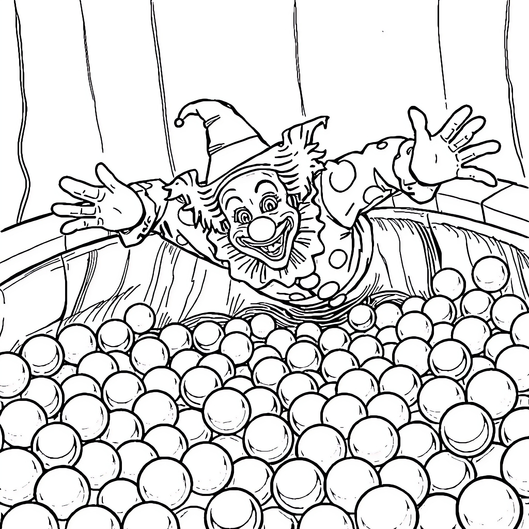 Clown Playfully Engaged with Colorful Bubbles Coloring Page (free black-and-white line drawing printable PDF for all, from beginners to advanced learners, including children, teens, adults, and seniors)